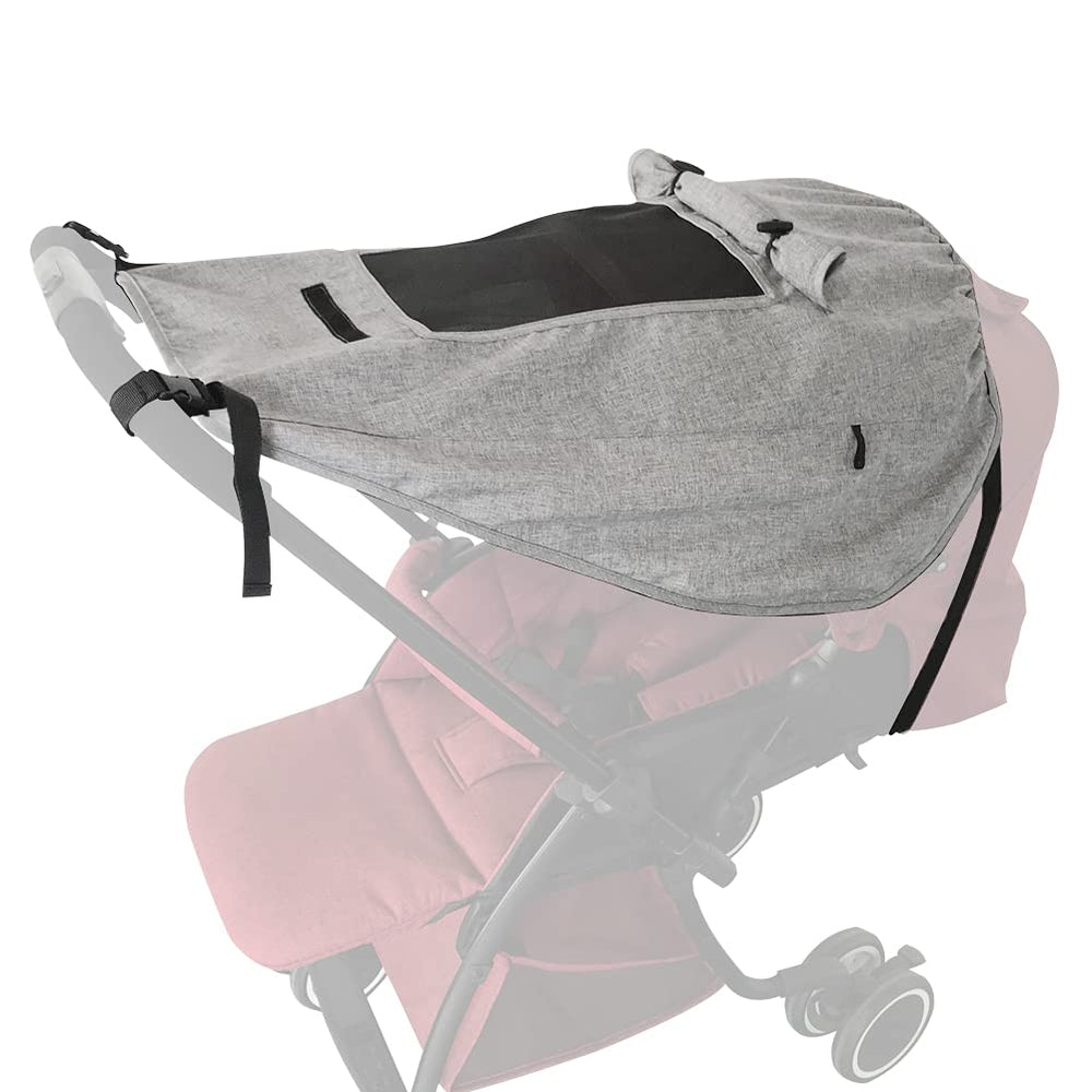 Apol pram sunshade in elastic fabric blocking UV while keeping baby viewable