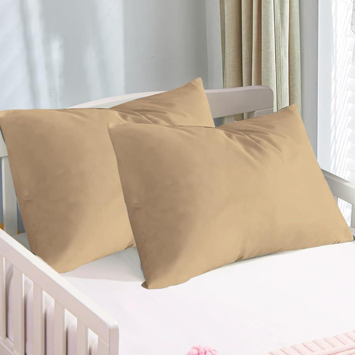 APOLLO COTTON toddler pillowcase front view in taupe with soft sateen finish