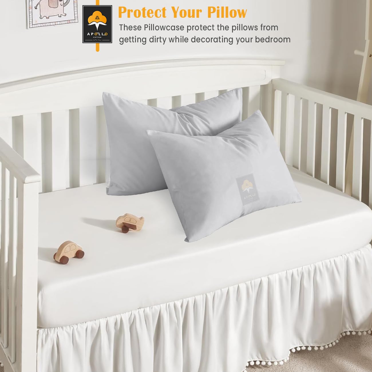 APOLLO COTTON two-pack pillow covers protect toddler pillows at home and on trips.