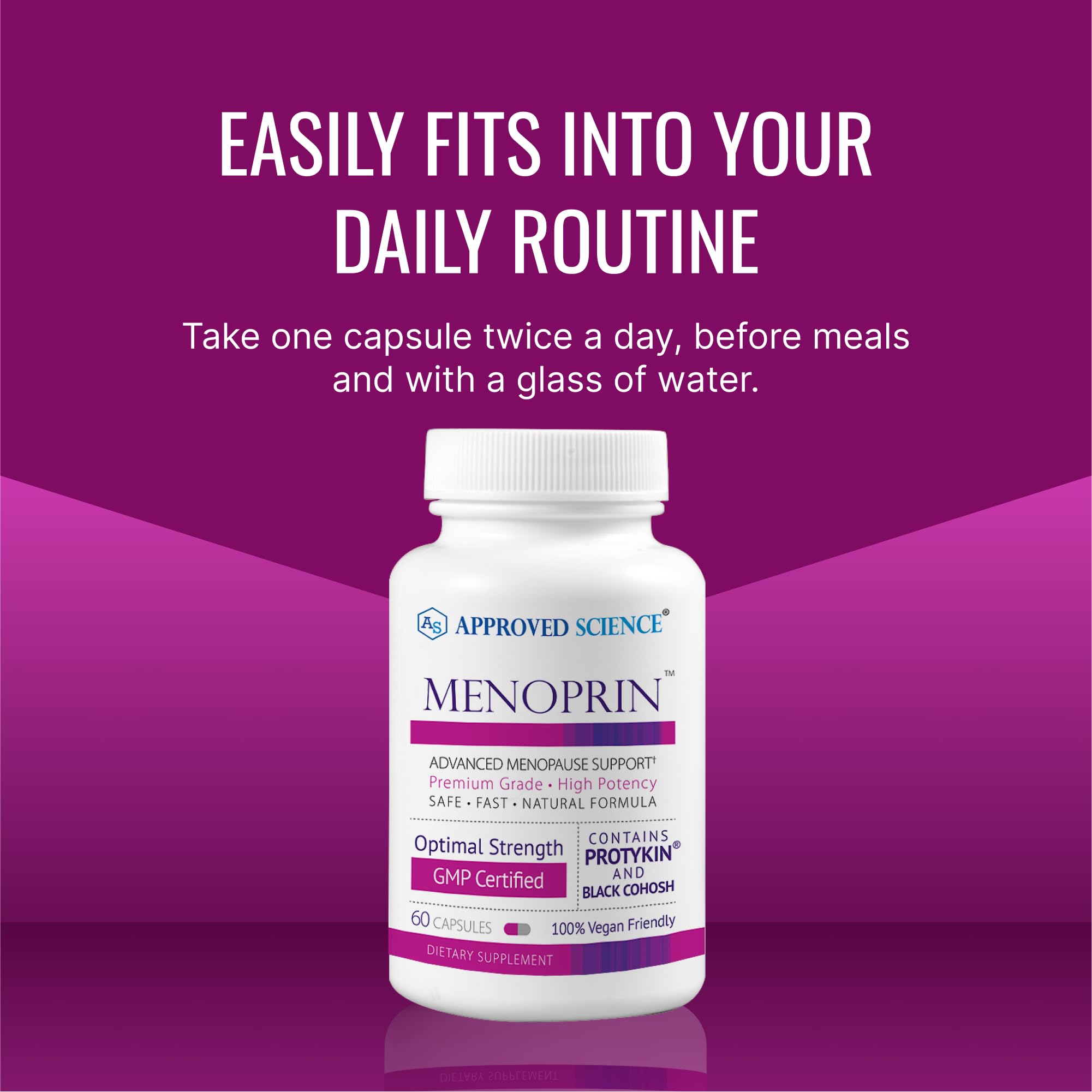 Approved Science Menoprin packaging box zoom to reveal GMO-free, vegan formula details.