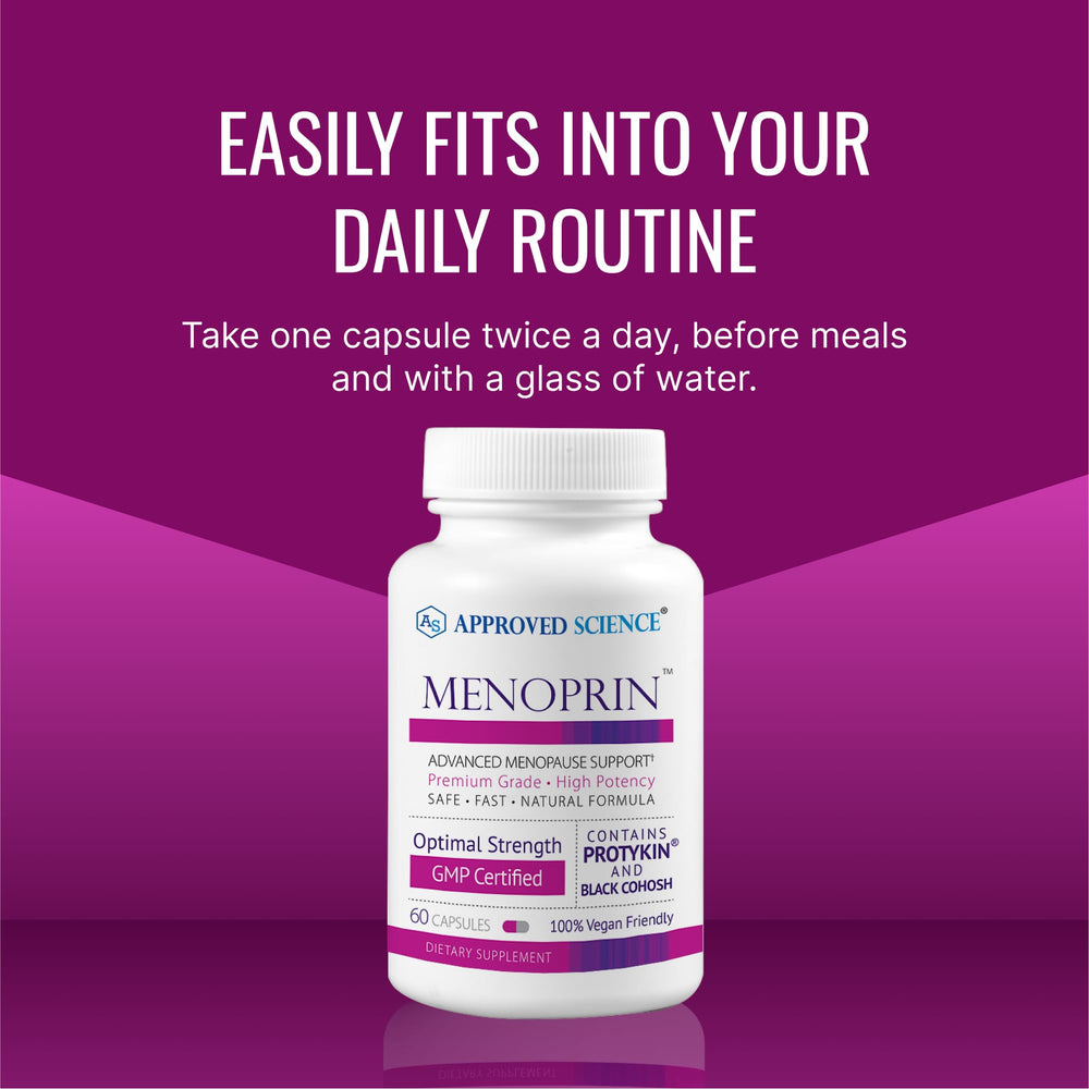 Approved Science Menoprin packaging box zoom to reveal GMO-free, vegan formula details.