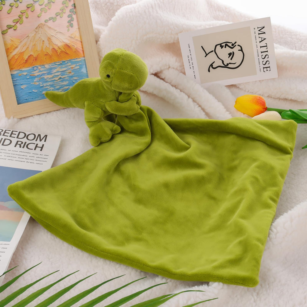 Apricot Lamb dinosaur security blanket closeup, plush texture for soothing babies