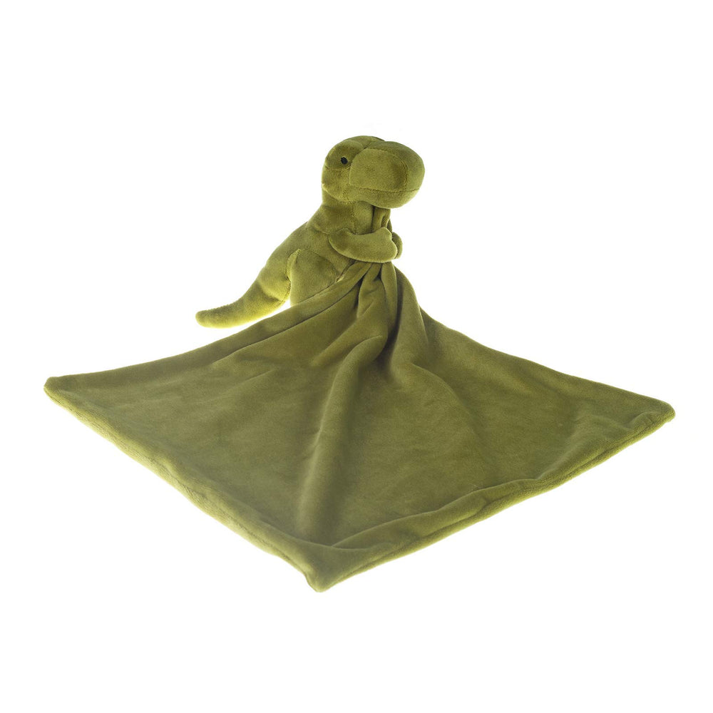 Apricot Lamb Snuggler green dinosaur blanket, cozy security lovey for baby
