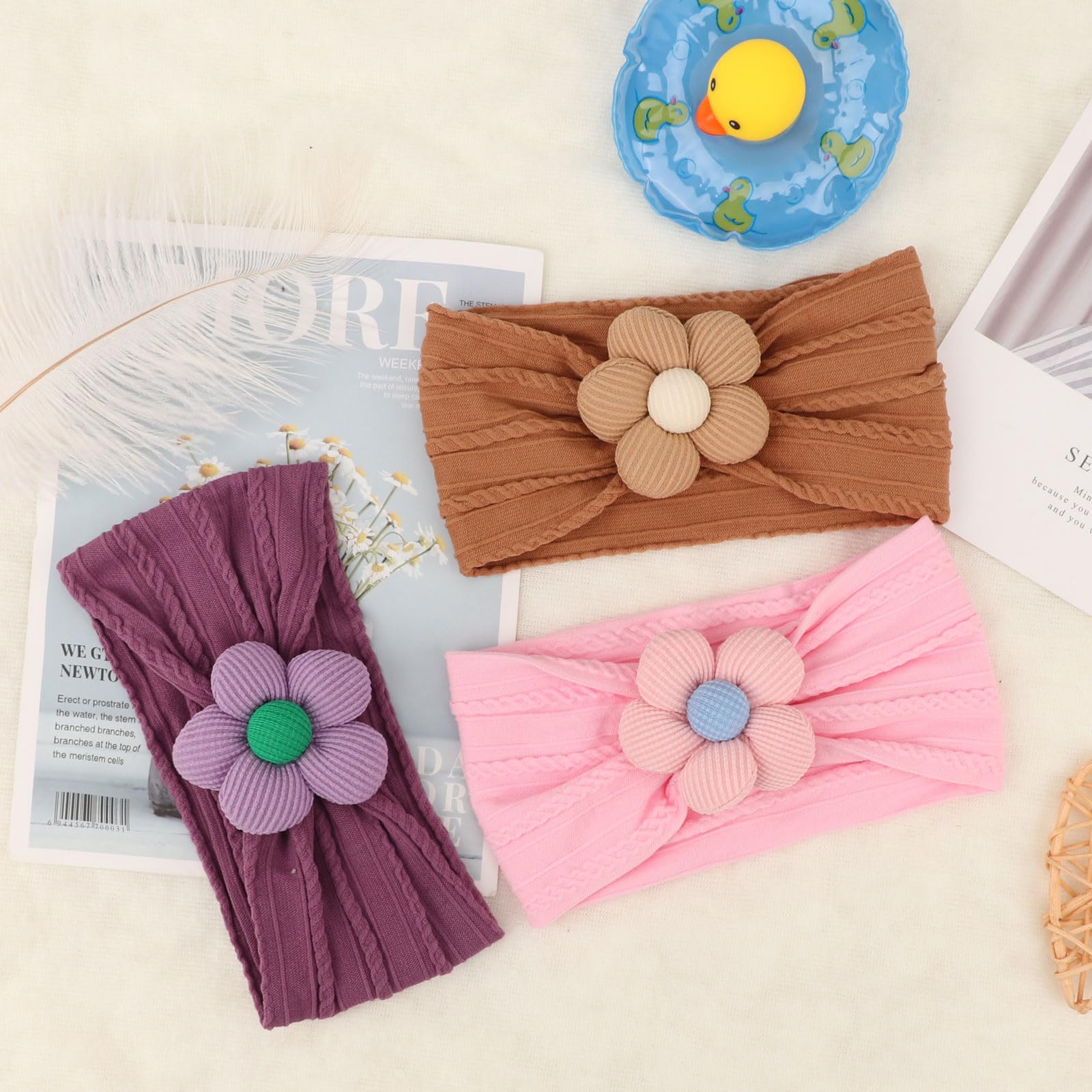 AQOKKA baby flower headband pink side view soft stretch for comfy wear