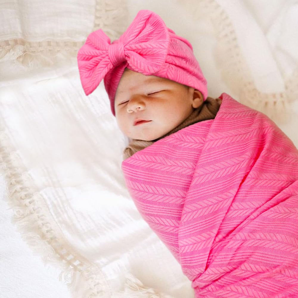 AQOKKA bow hat and headband set in soft fabric for cute newborn outfits