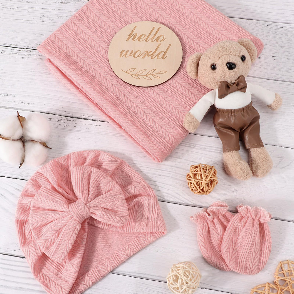 AQOKKA bow hat and mittens set adds adorable warmth.