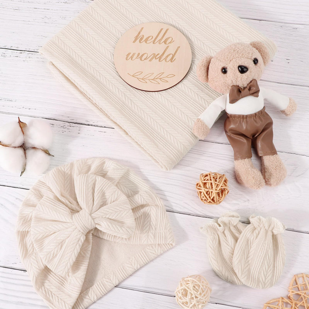 AQOKKA bow hat mittens set for newborns, cute and practical baby wear.