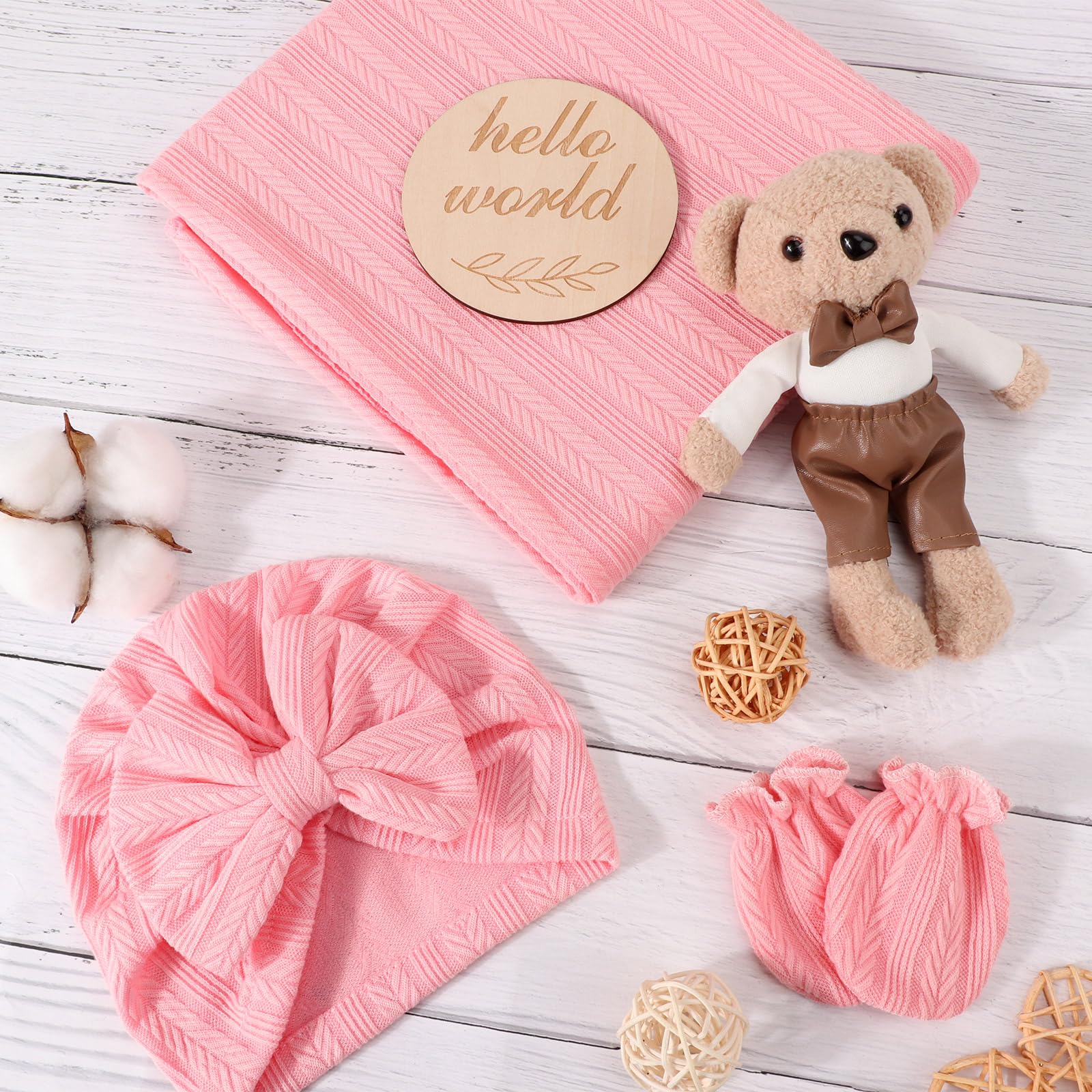 AQOKKA bow hat set for newborn enhances cute photos and keeps baby warm.
