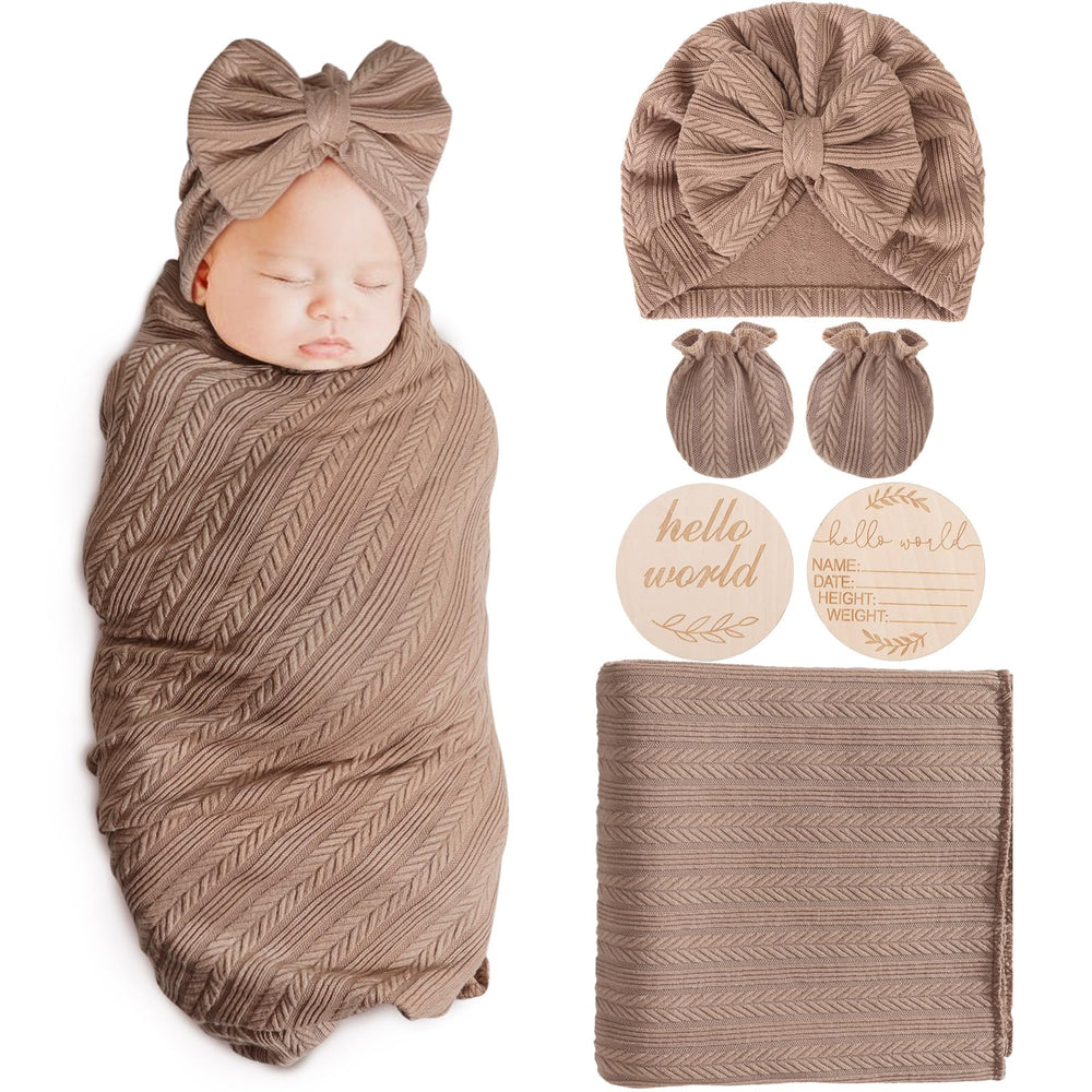 AQOKKA newborn receiving blanket with bow hat and mittens in wheat design for cozy swaddling.