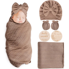 AQOKKA newborn receiving blanket with bow hat and mittens in wheat design for cozy swaddling.