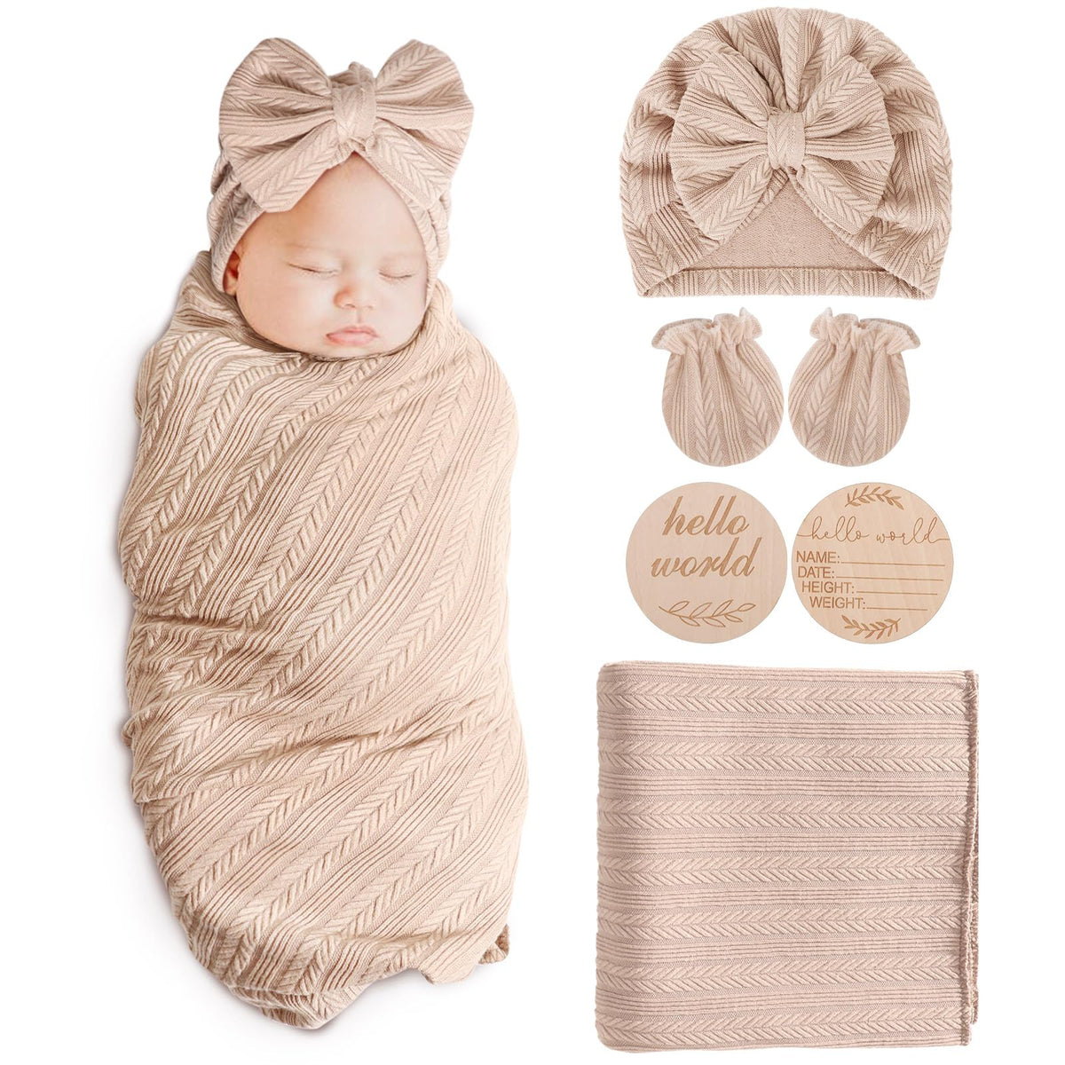AQOKKA newborn receiving blanket with bow, hat, and mittens for soft, breathable swaddling.