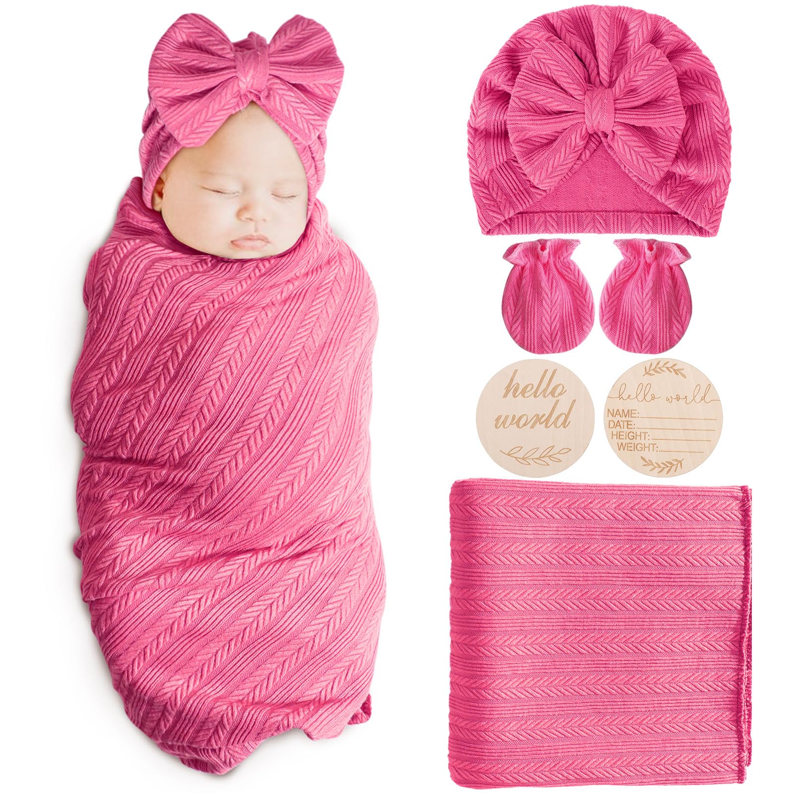 AQOKKA newborn receiving blanket with bow hat and mittens for cozy comfort