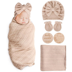 AQOKKA newborn receiving blanket with bow, hat, and mittens for soft, breathable swaddling.