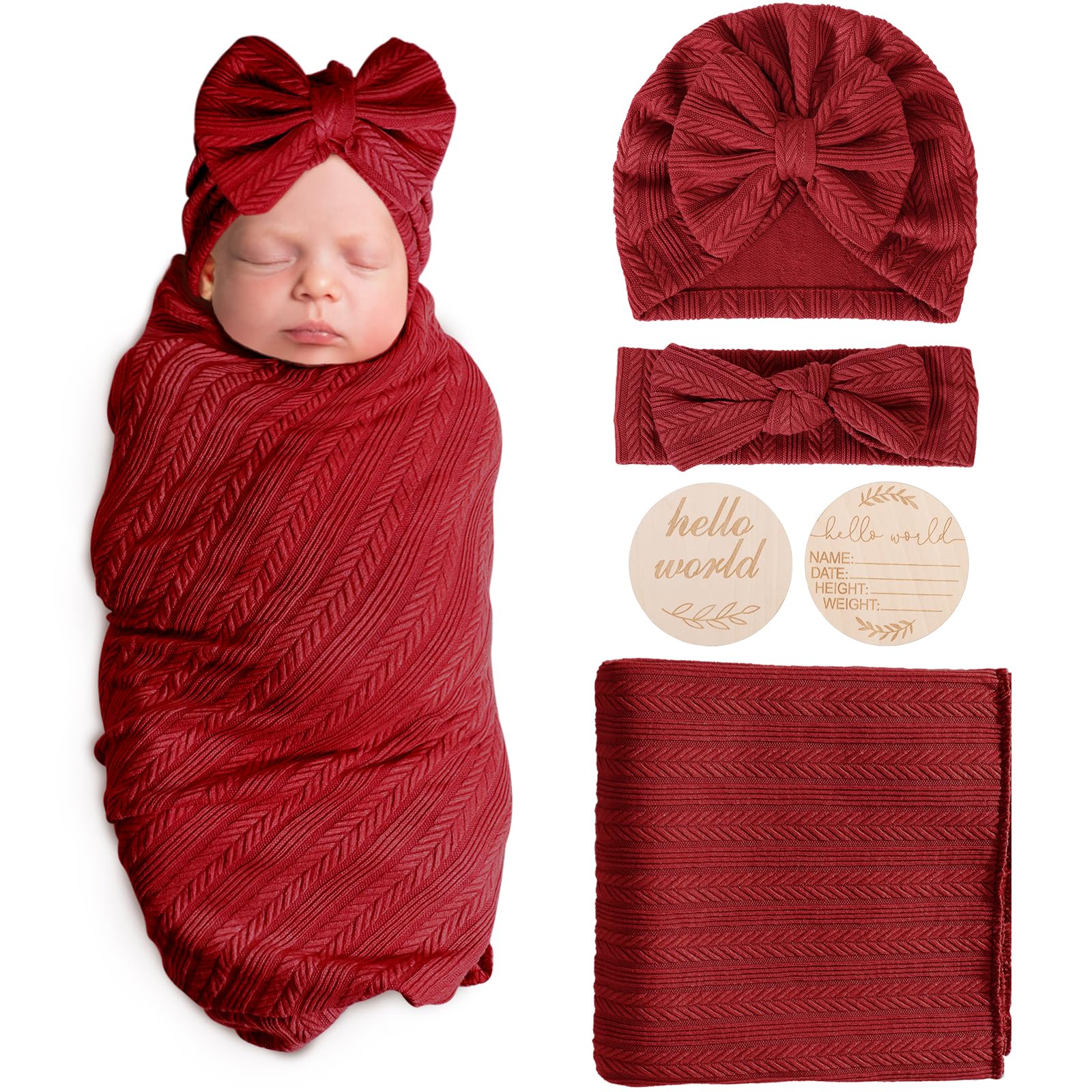 AQOKKA newborn receiving blanket with bow hat, soft and breathable for cozy swaddling.