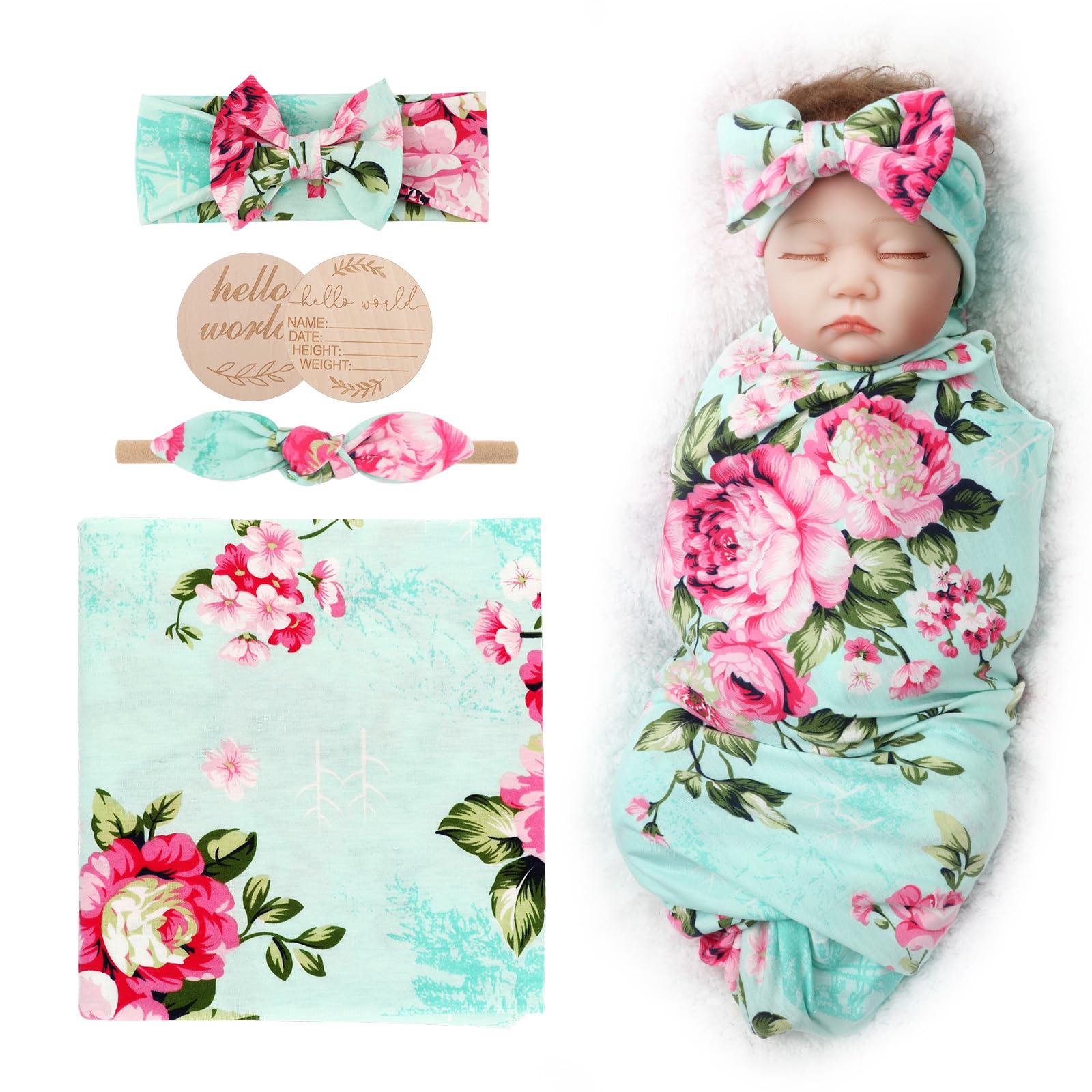 AQOKKA newborn swaddle blanket with bow hat set for gentle, secure wrapping.