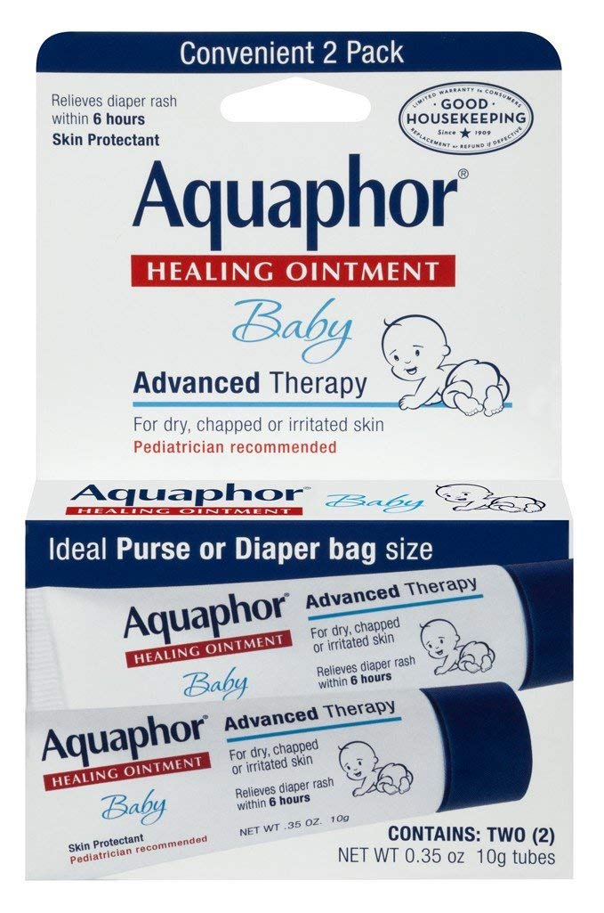 Aquaphor Baby Healing Ointment two-pack with 0.35 oz tubes for diaper rash relief.
