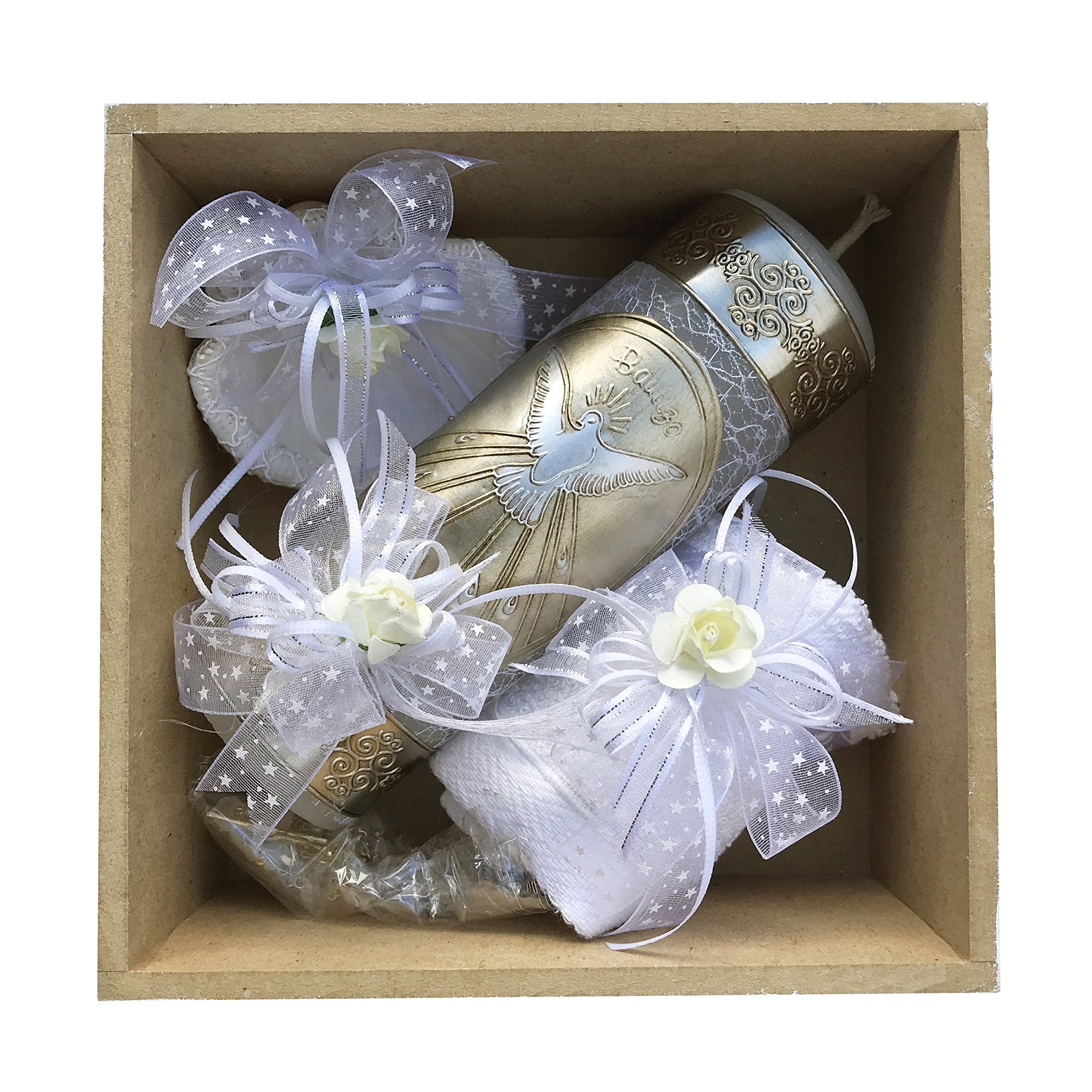 Arcángeles Mexicanos baptism candle set towel ready for gentle drying after Holy Water
