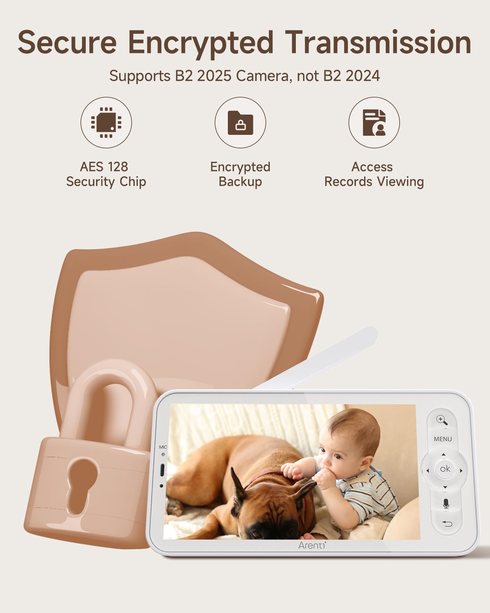 ARENTI 2025 upgraded 5-inch baby monitor side view emphasizes compact parent unit design.