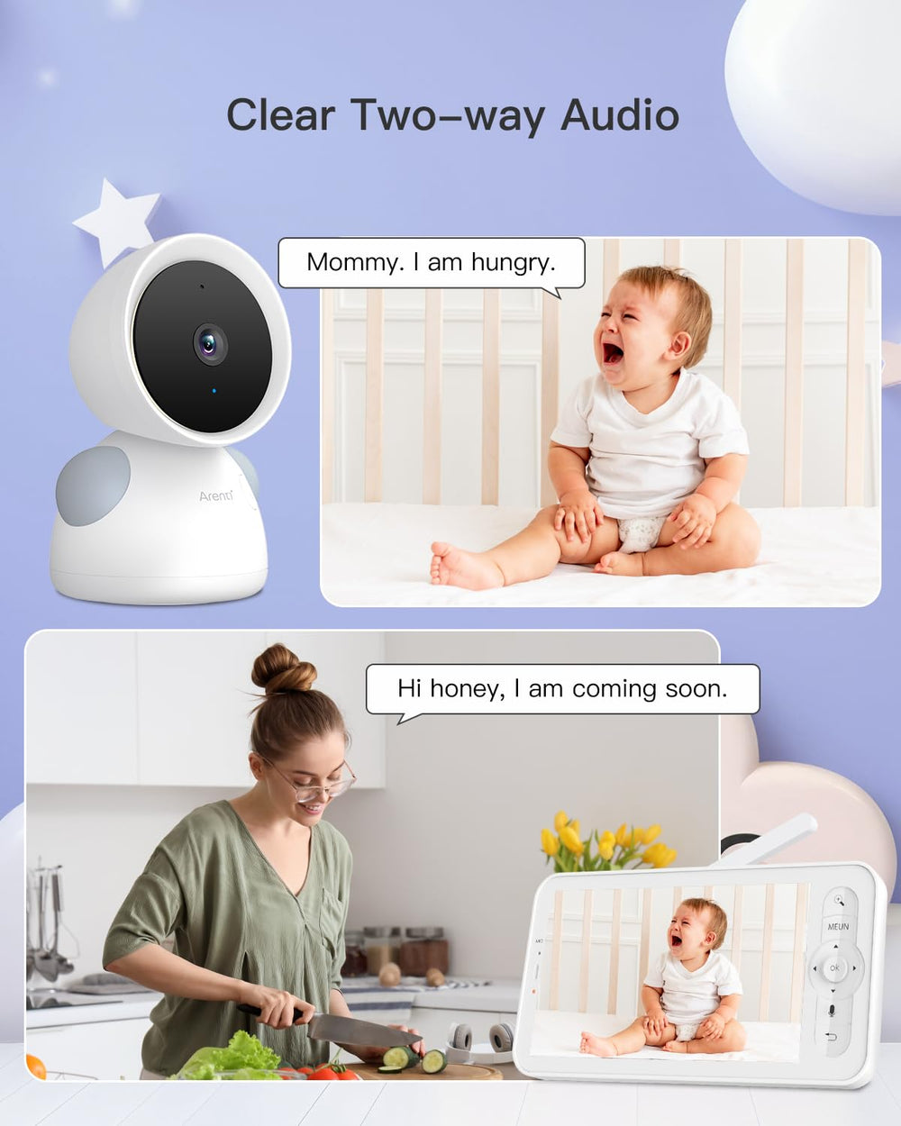 ARENTI baby monitor audio video feed supports continuous observation.