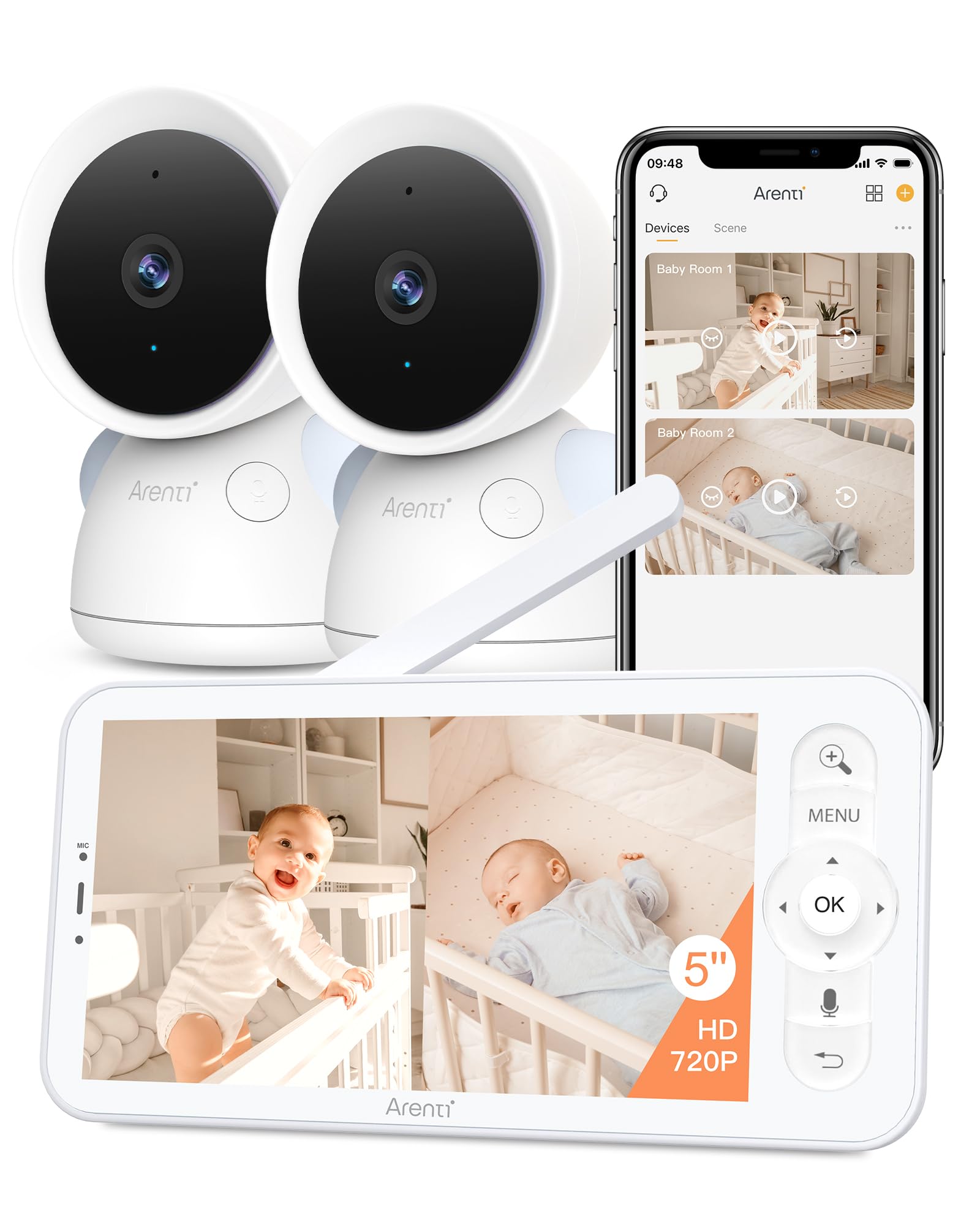 ARENTI dual-camera setup provides clear 2K/3MP footage for day and night viewing