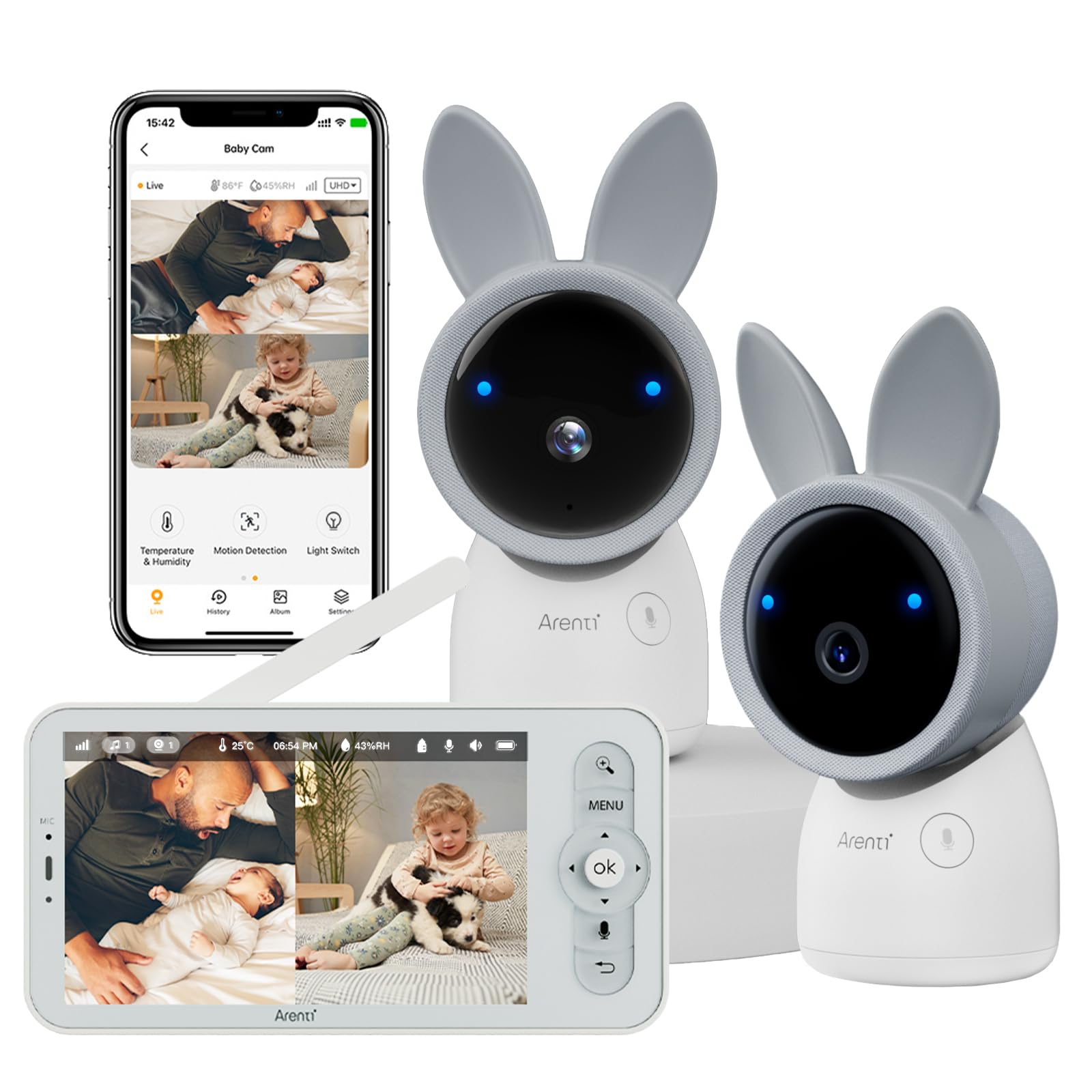 ARENTI dual-camera baby monitor offers broad nursery coverage for real-time monitoring.