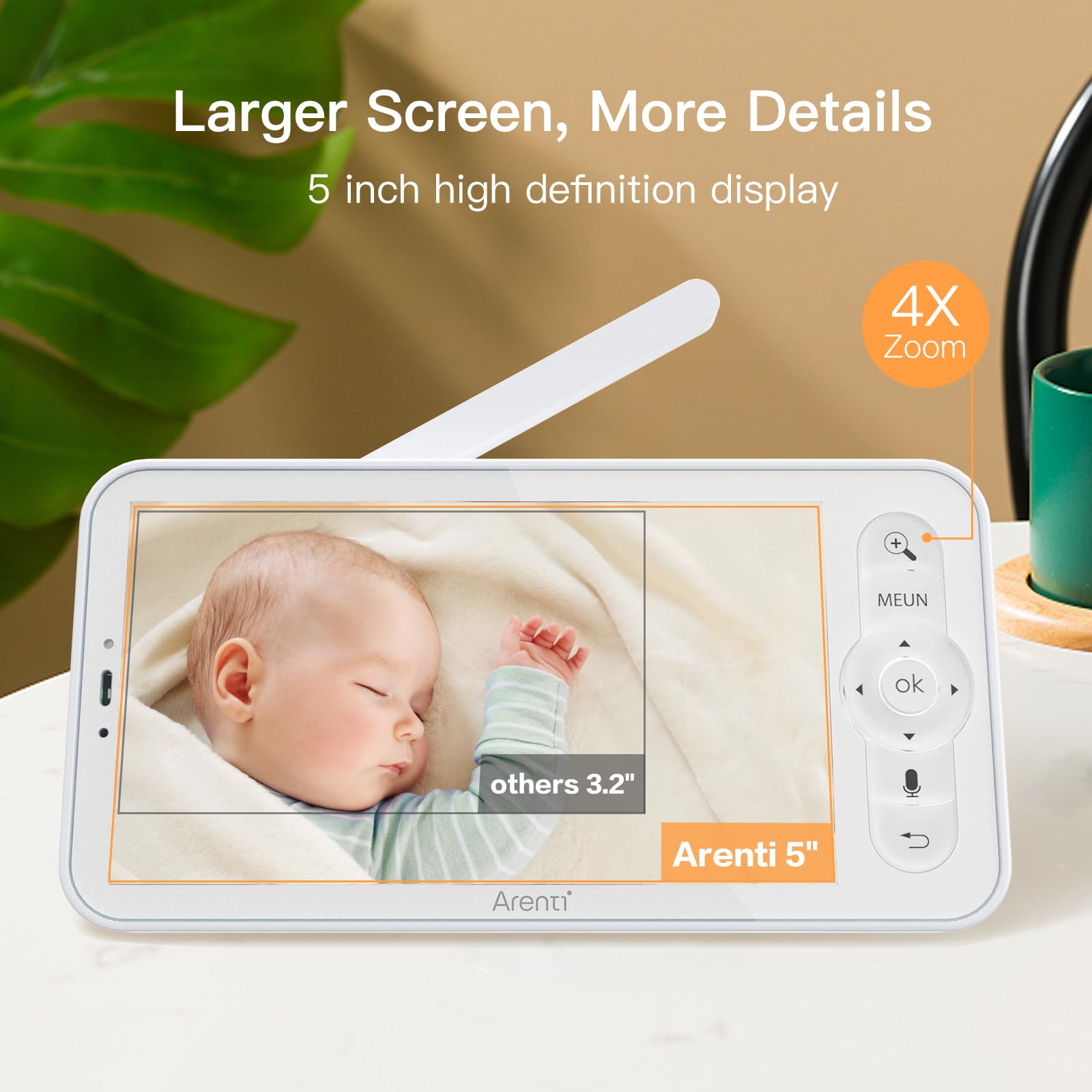 ARENTI parent unit paired with AInanny A4 camera for seamless monitoring.