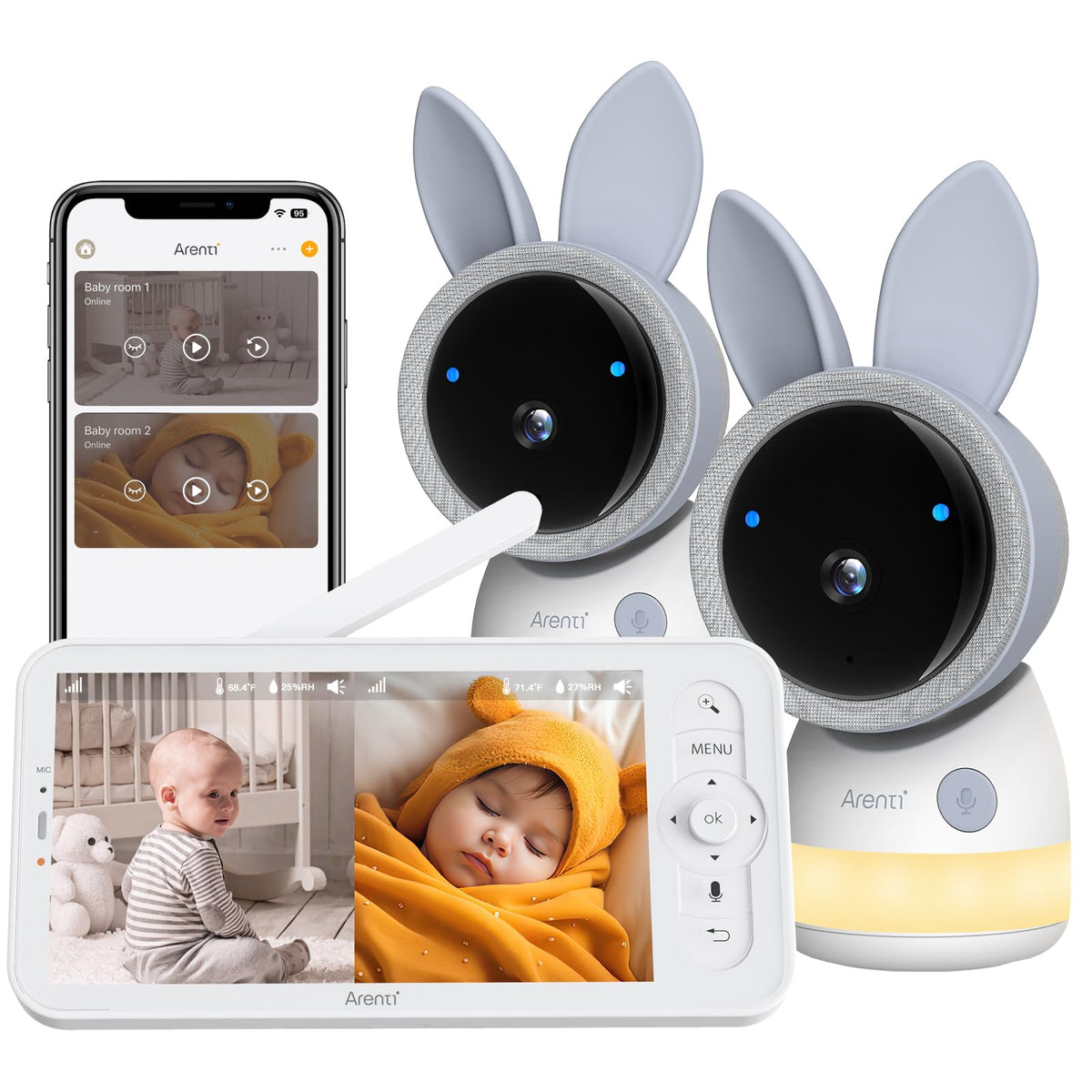 ARENTI upgraded baby monitor with two cameras for clear multi-room viewing.
