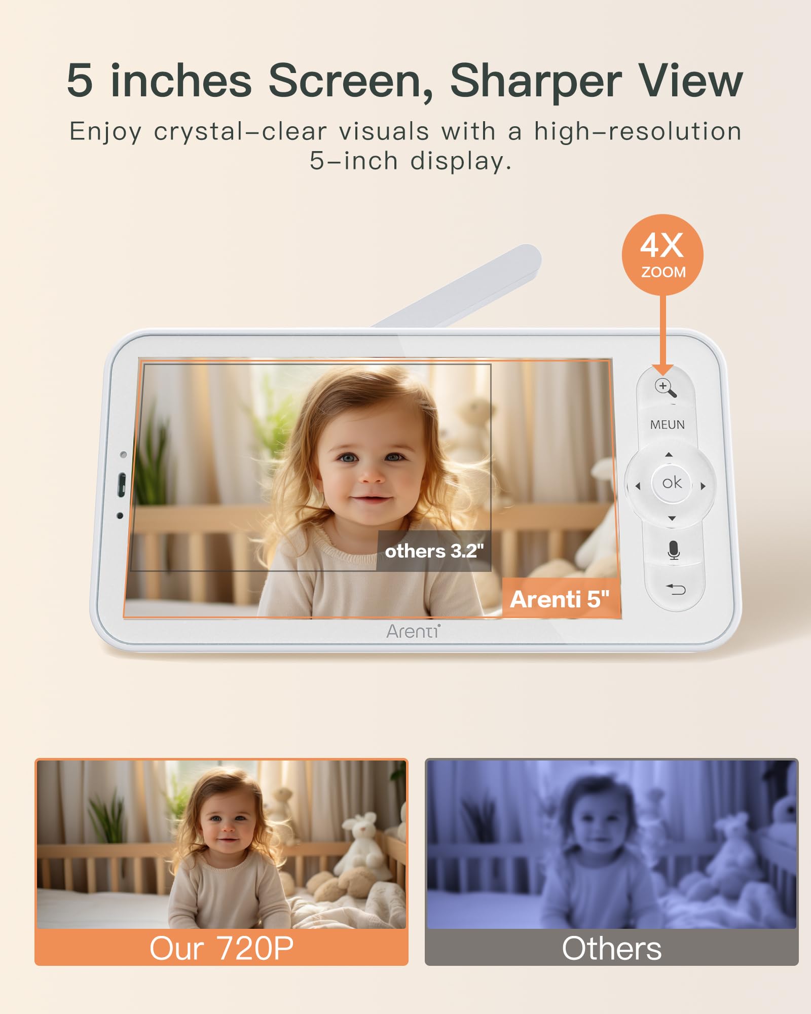 ARENTI video baby monitor with 2-way audio ensures soothing talks.