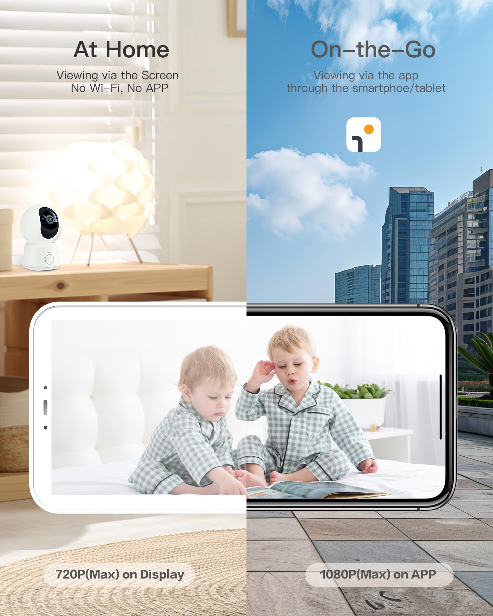 ARENTI video baby monitor 5-inch LCD screen delivers clear visuals day and night.