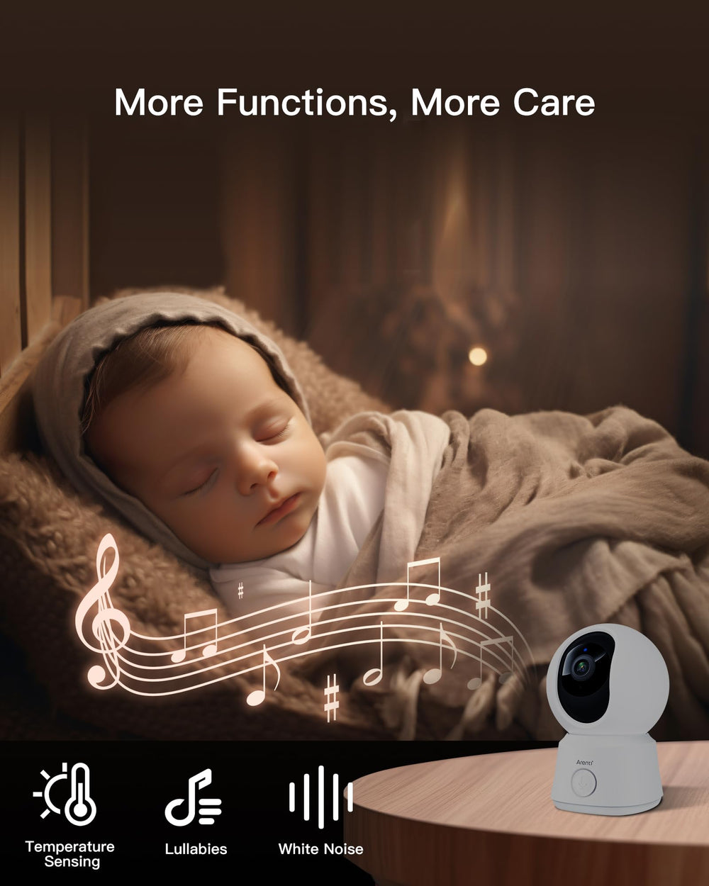 ARENTI lullabies soothe baby with gentle sounds from the monitor.