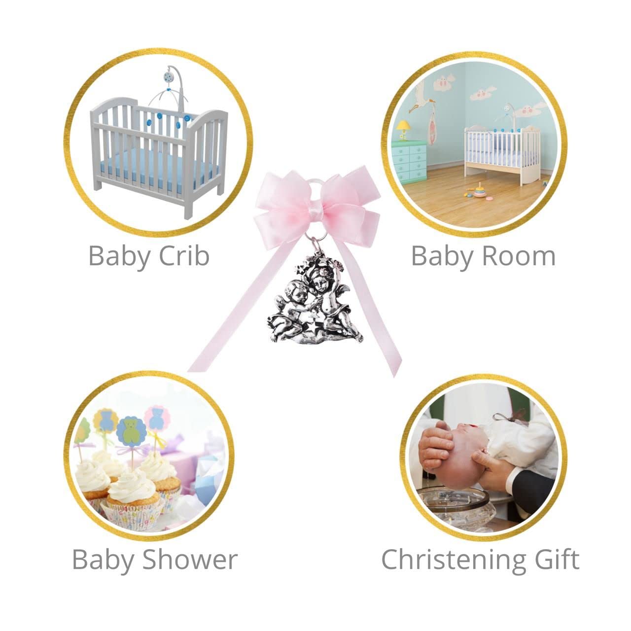 ARGENTARIA Pink guardian angel crib medal displayed on wall near cradle