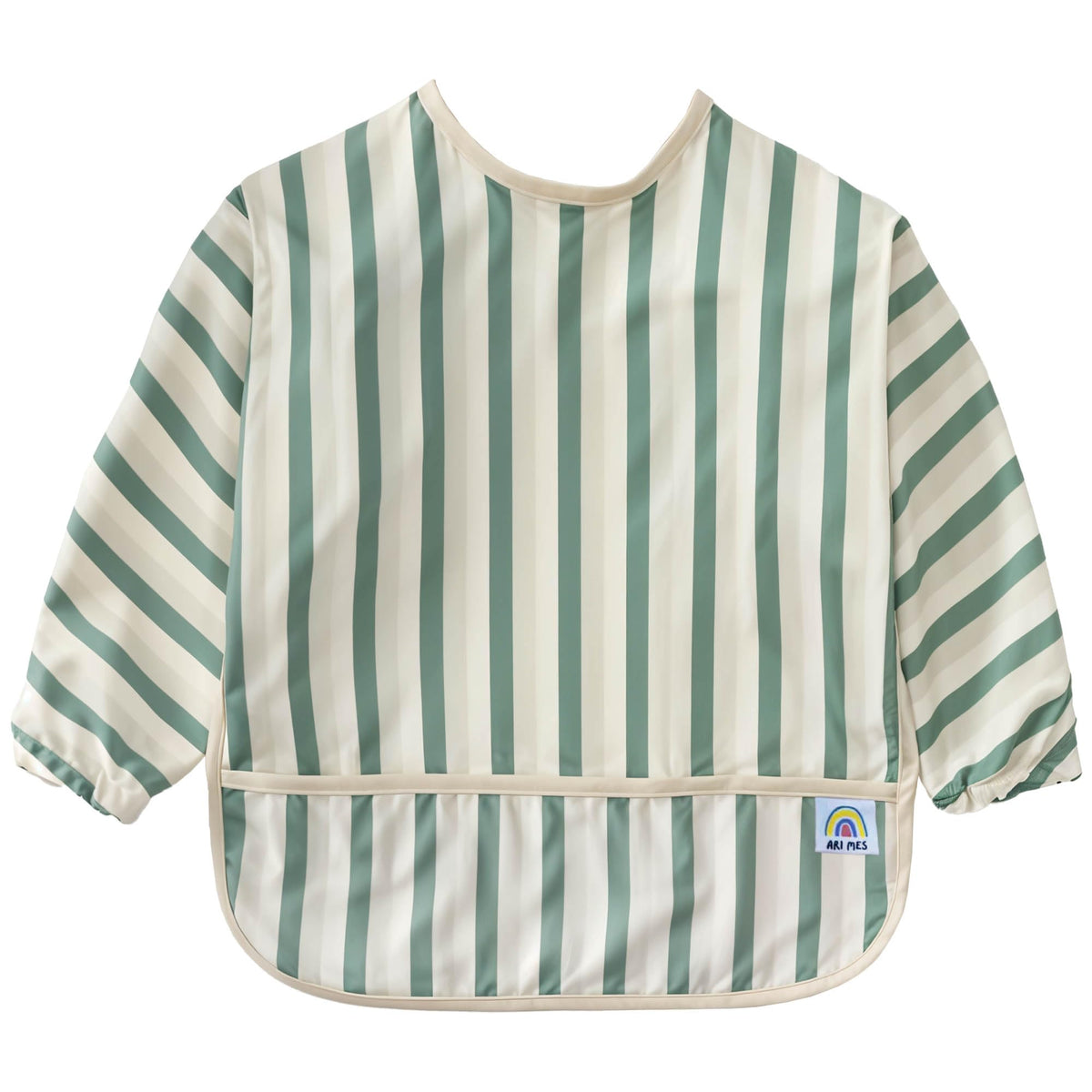 ARI MES long sleeves bib in green stripes protects clothes during meals for toddlers.