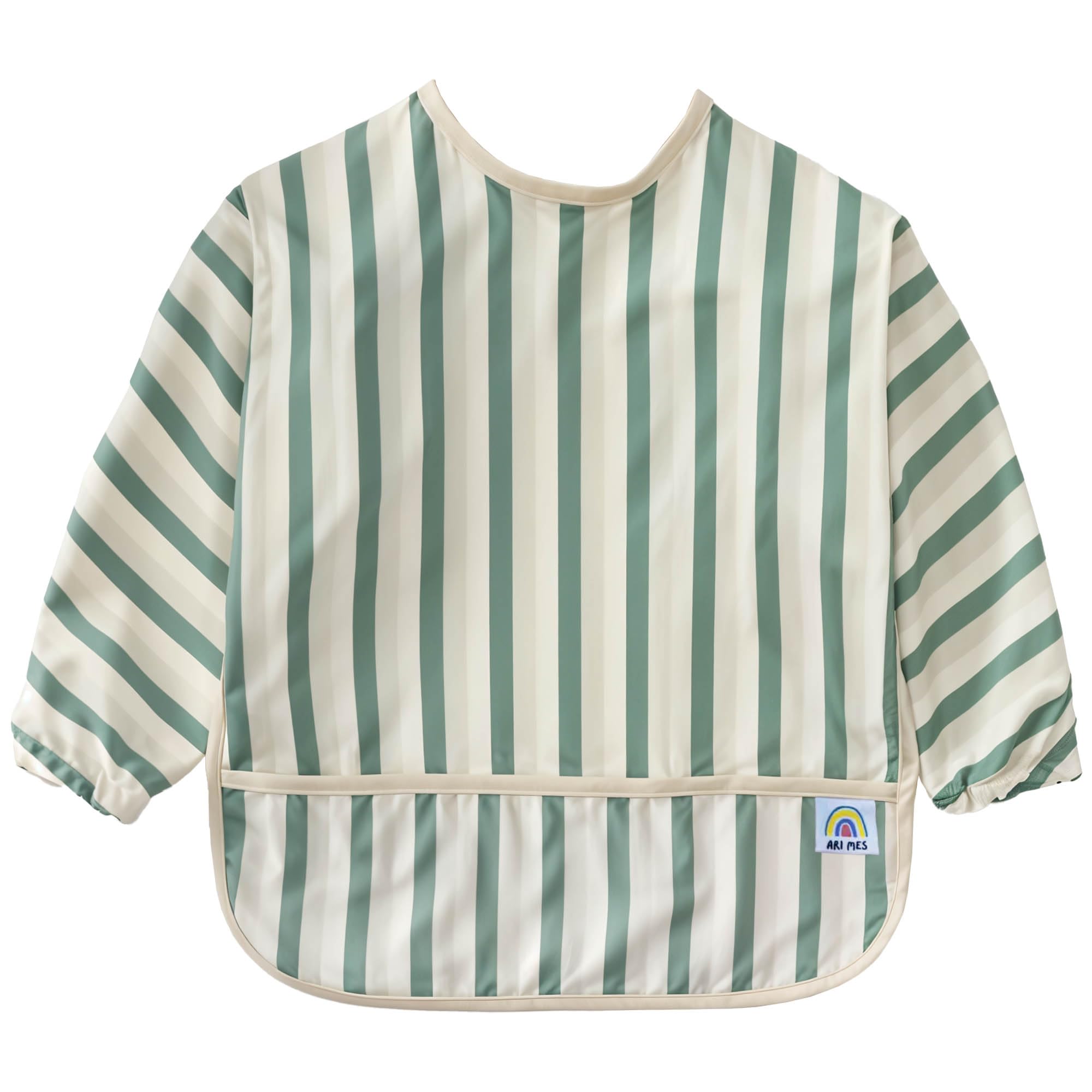 ARI MES long sleeves waterproof bib in green stripes, front view keeps clothes dry during meals