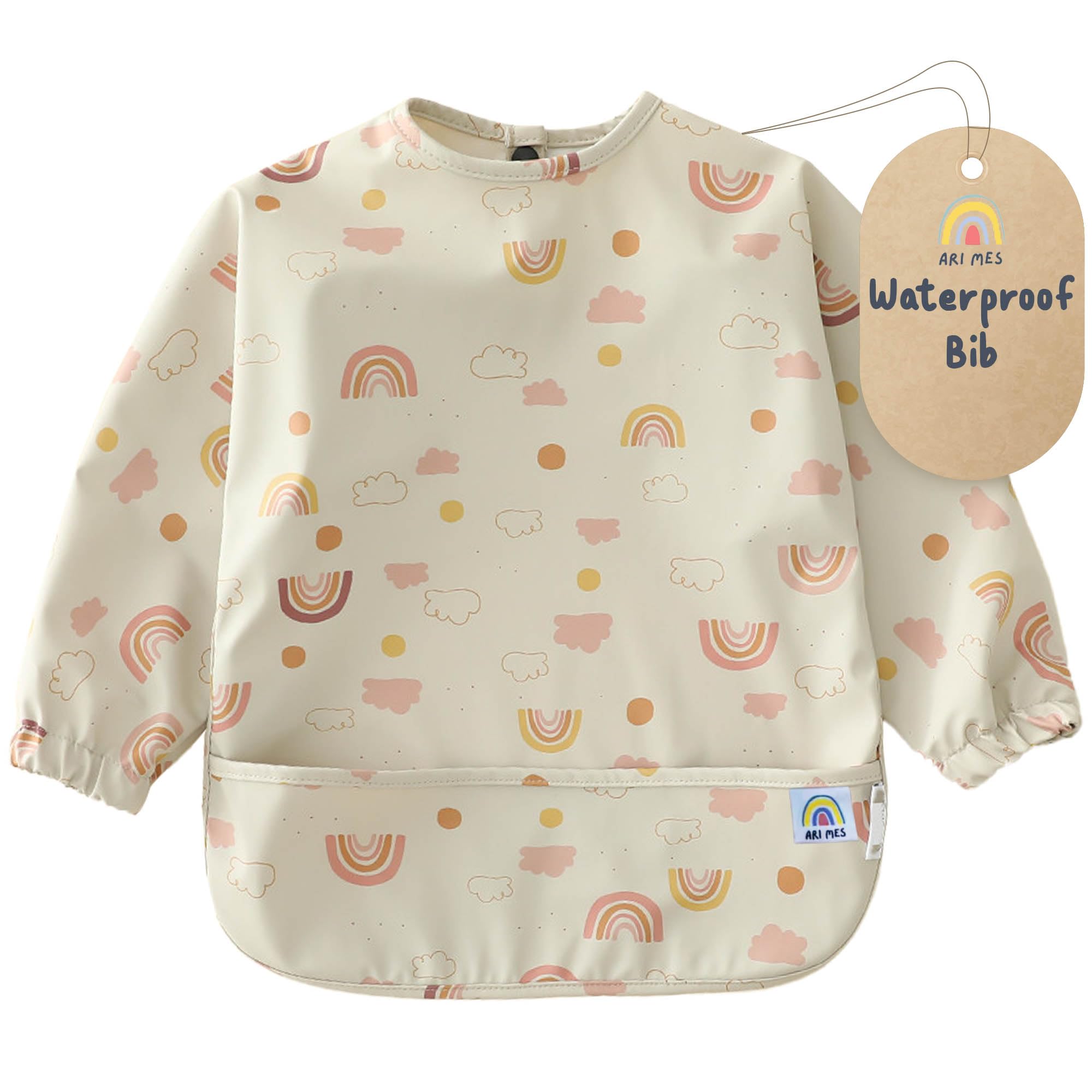 ARI MES rainbow long-sleeve bib on a toddler for mess-free meals