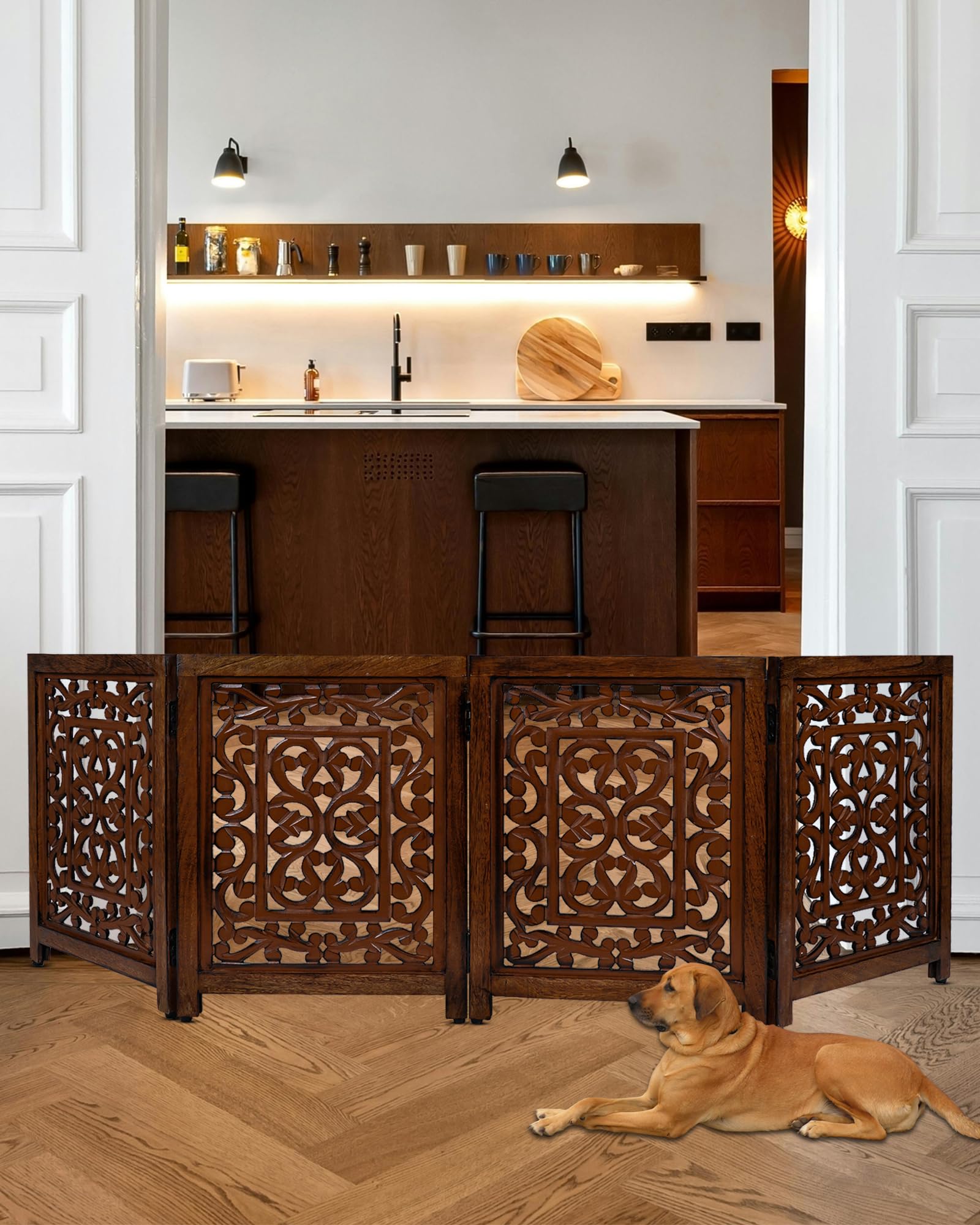 ARJORA wooden pet gate antique finish complements decor while keeping pets secure