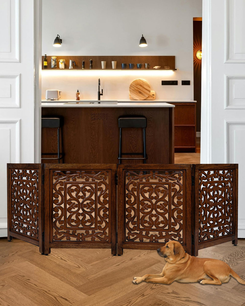 ARJORA wooden pet gate antique finish complements decor while keeping pets secure