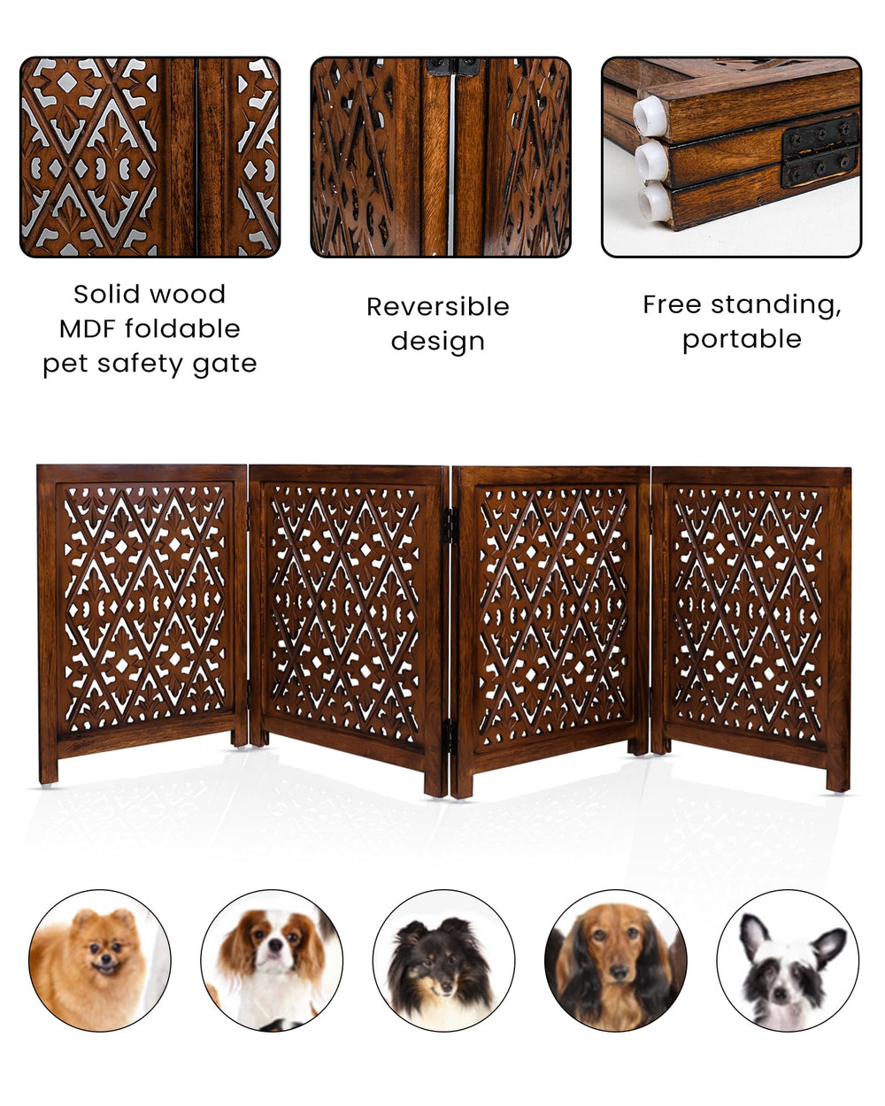 ARJORA antique-finish wooden gate adds durable style to interiors.