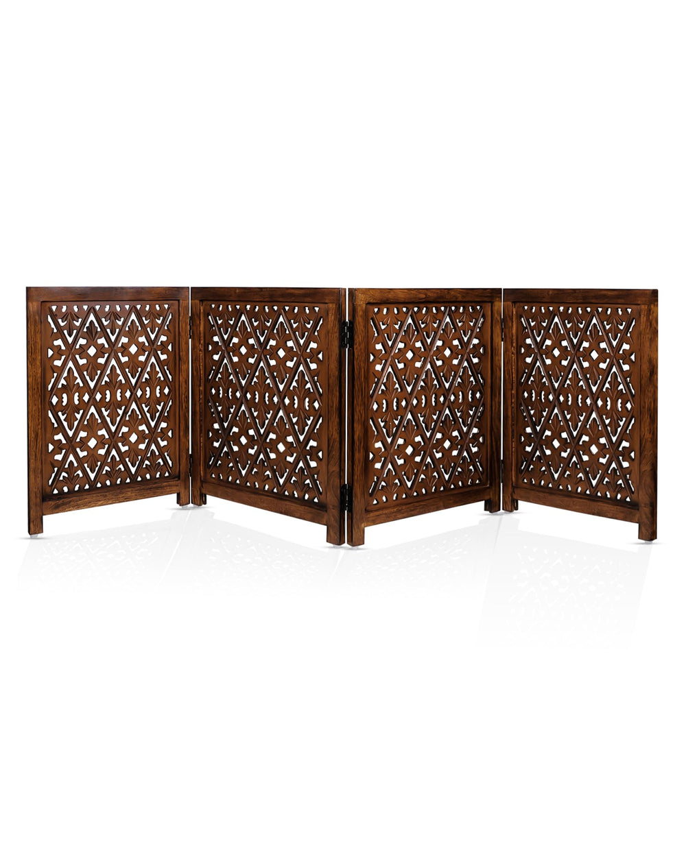 ARJORA wooden pet gate with foldable 4-panel open for doorways.