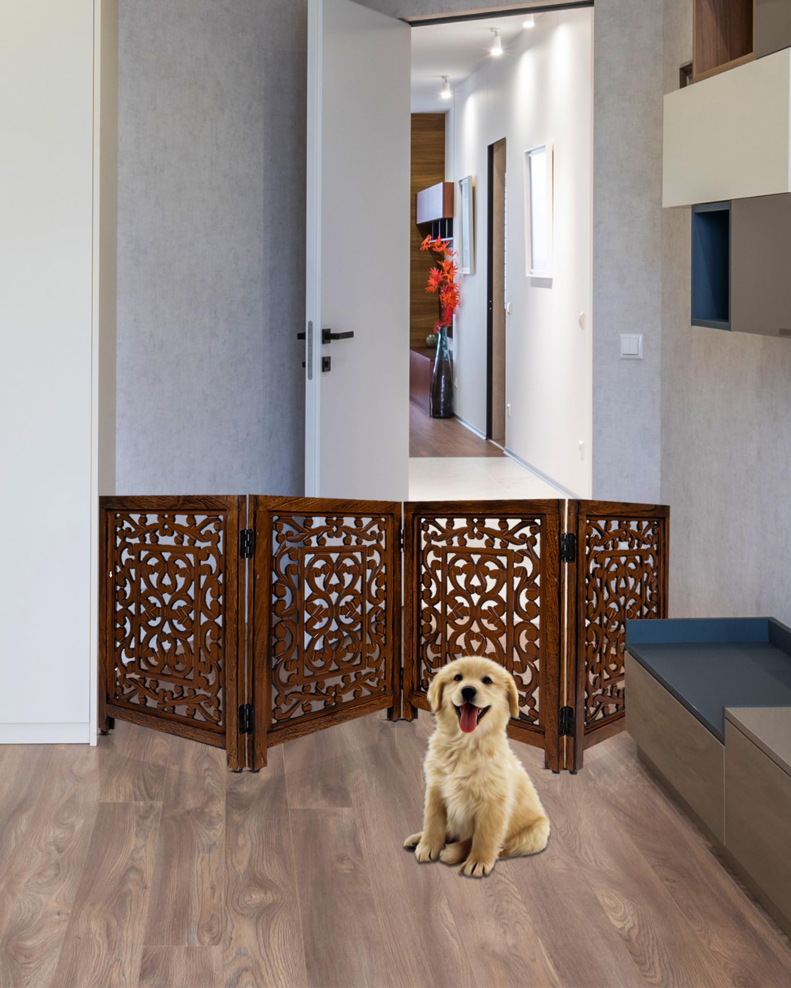 ARJORA wooden pet gate placed in hallway for safe pet passage