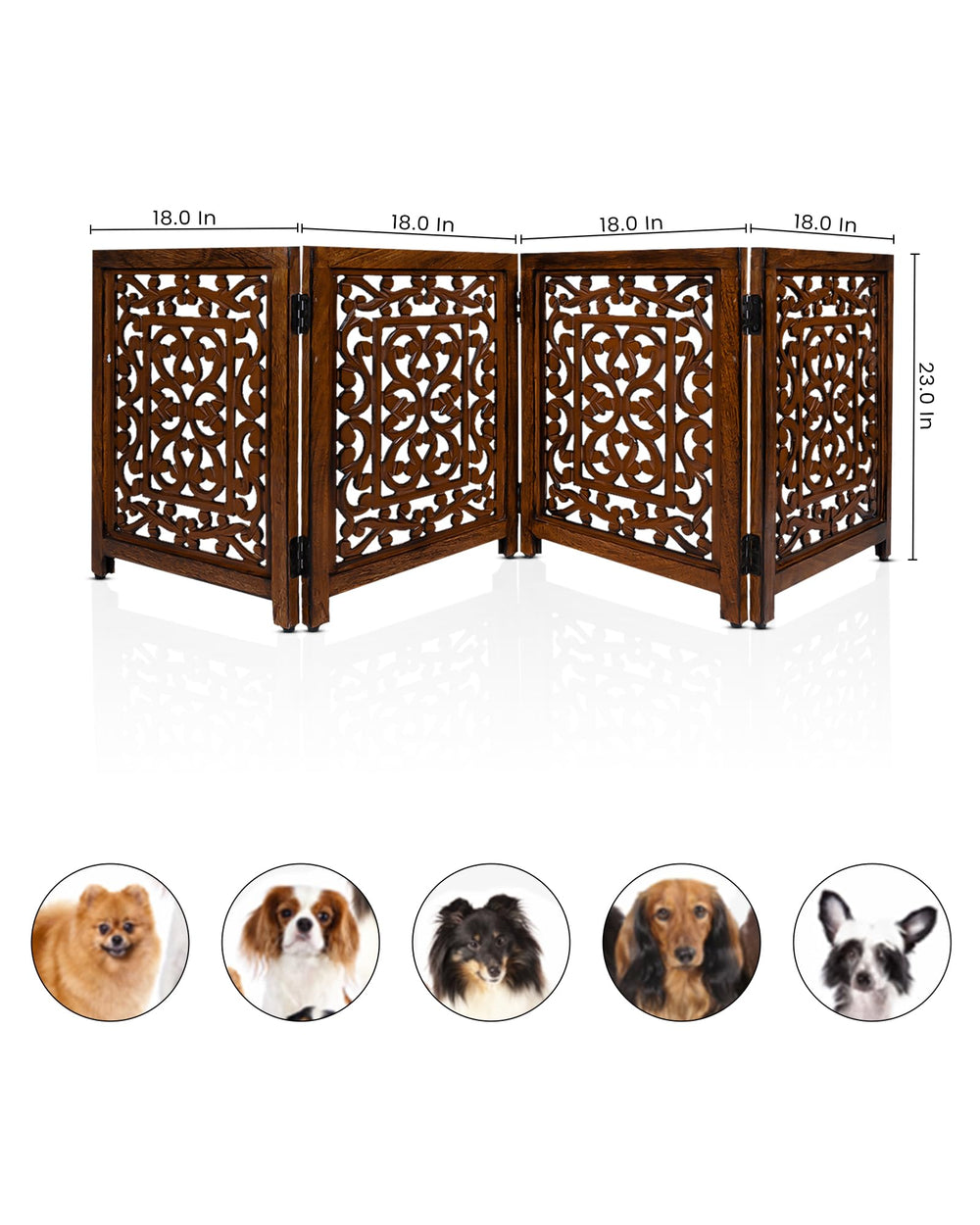 ARJORA wooden pet gate lattice detail with clover motif