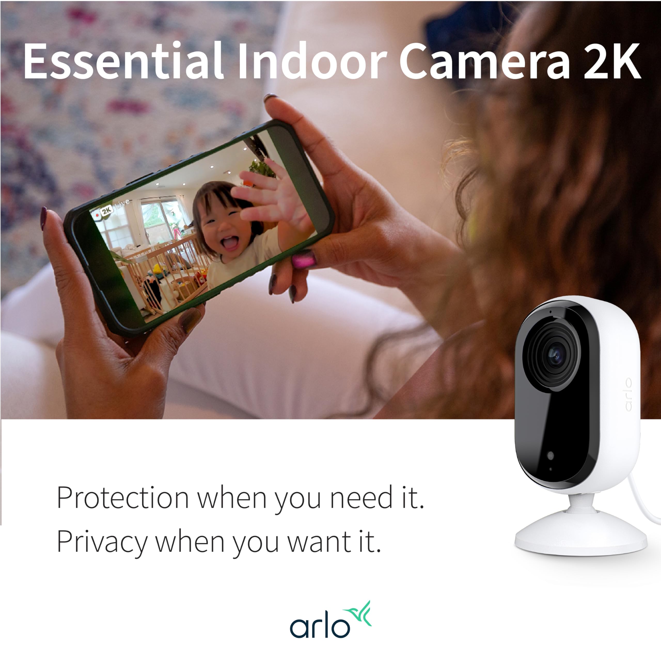 Arlo Essential Indoor Camera Spotlight enhances visibility at night.