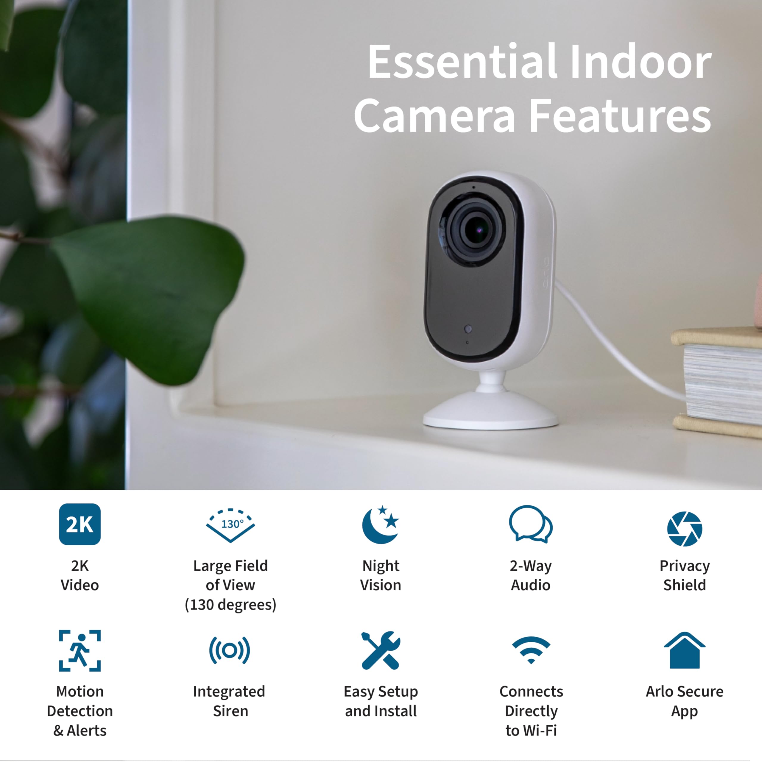 Arlo Essential Indoor Night Vision delivers crisp low-light footage for evenings.