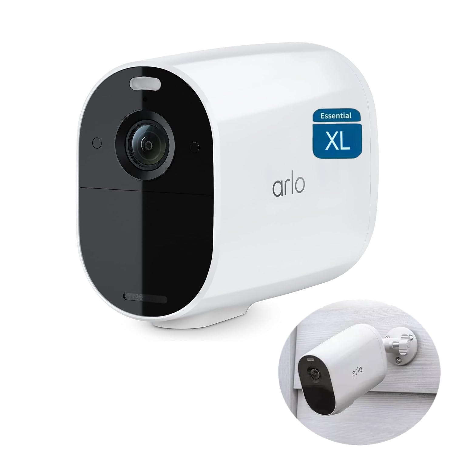 Arlo Essential XL Spotlight at the front door with wide 130° view for clear outdoor monitoring.