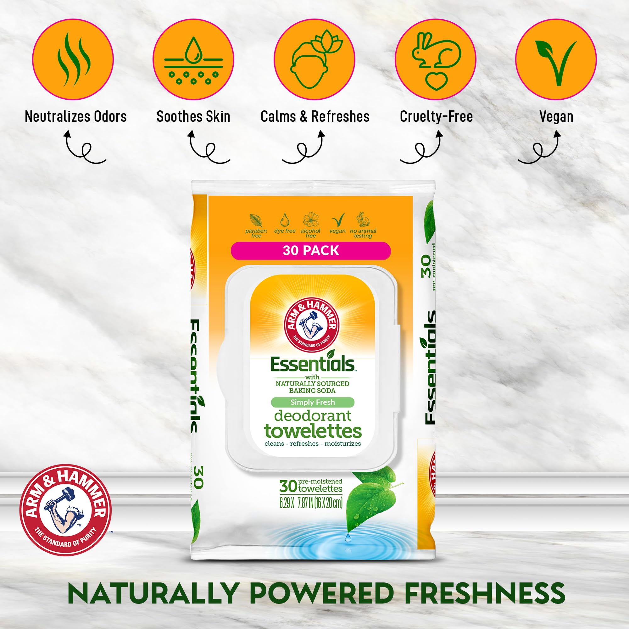 Arm & Hammer Simply Fresh face wipes close-up showing Aloe Vera for gentle cleansing