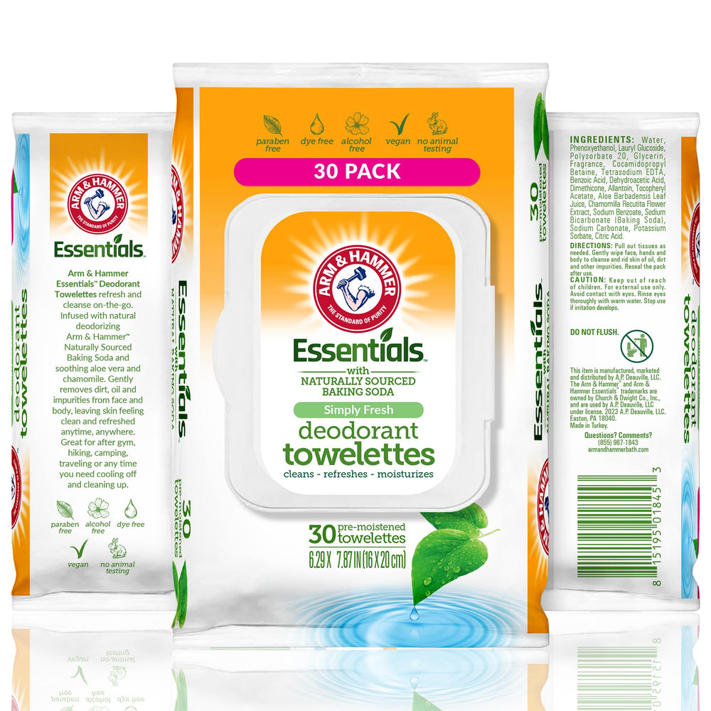 Arm & Hammer Simply Fresh face wipes in front pack for quick on-the-go refreshment