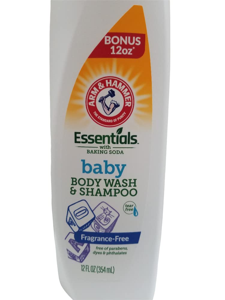 Arm & Hammer Essentials Baby Body Wash fragrance-free label highlighting sensitive skin.
