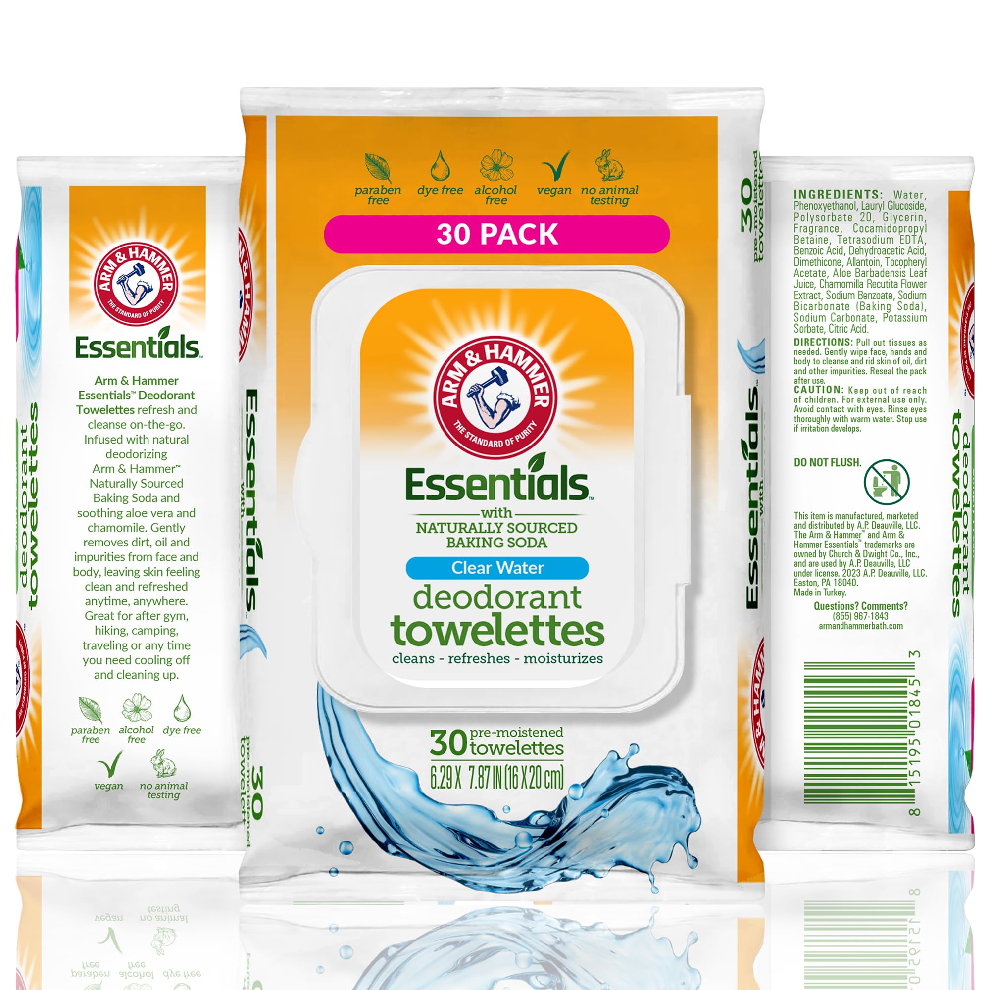Arm & Hammer face and body wipes with aloe for refreshing cleansing on the go.