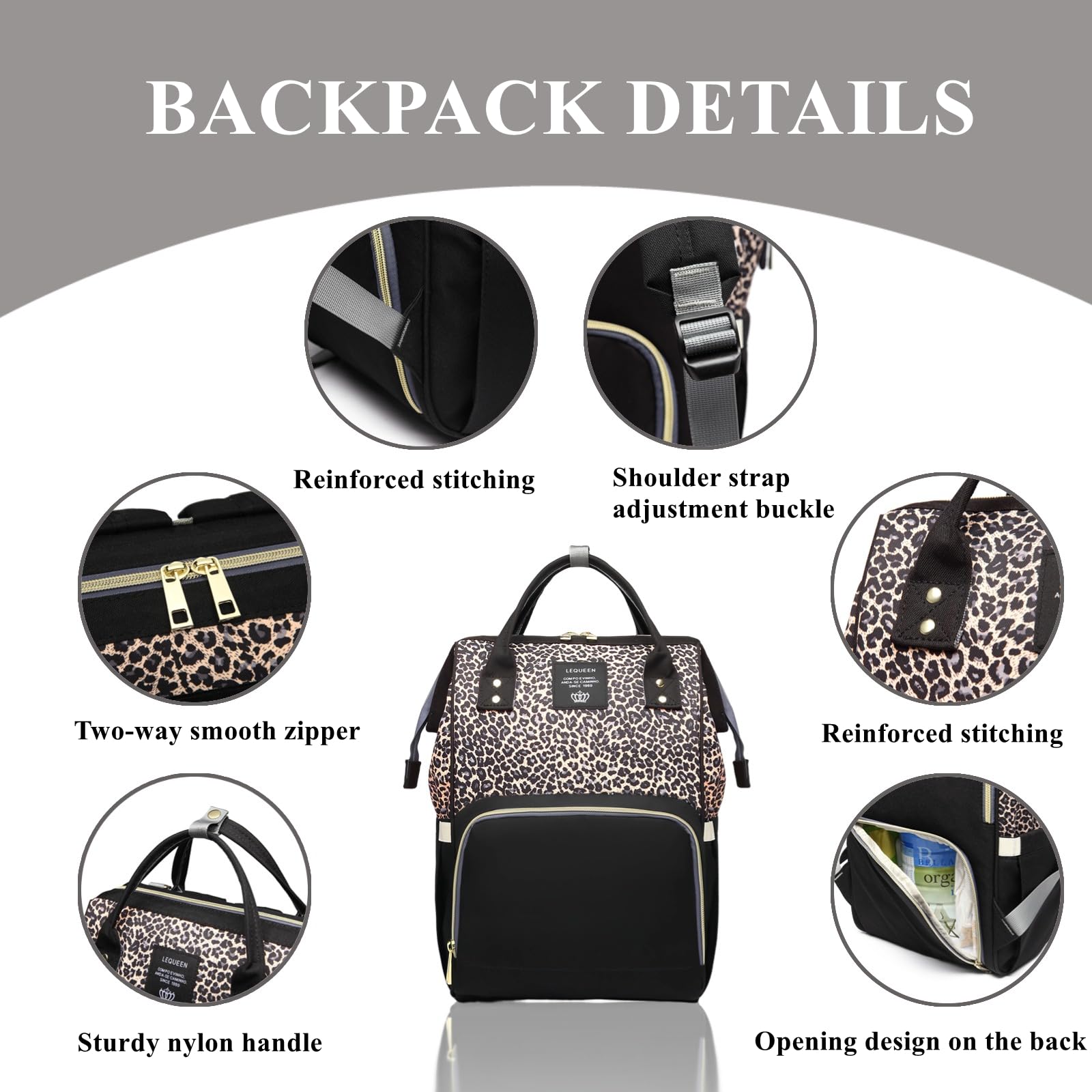 Armbq leopard print diaper bag reinforced shoulder straps offer comfortable carrying.
