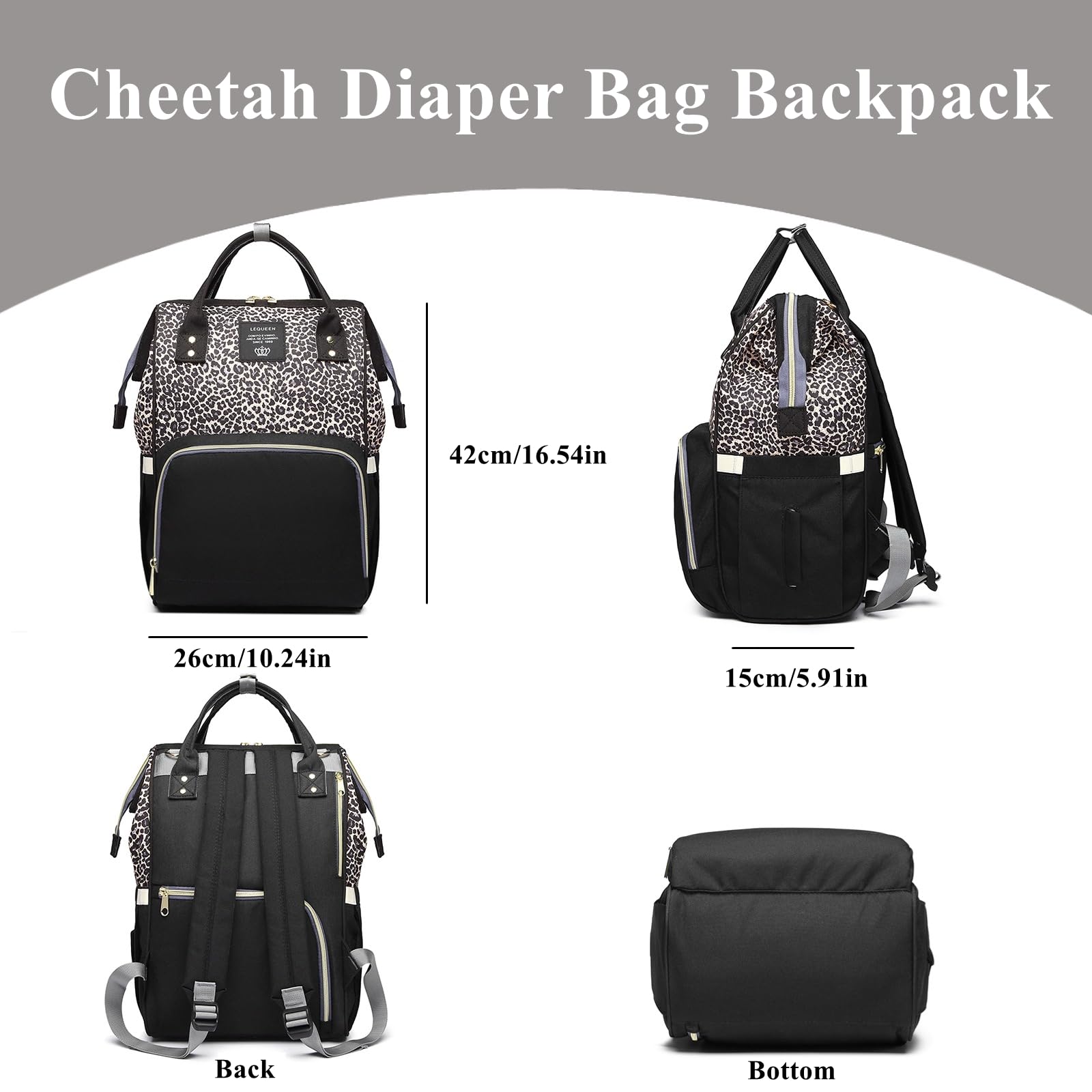 Armbq leopard print diaper bag interior pockets keep bottles and clothes organized.