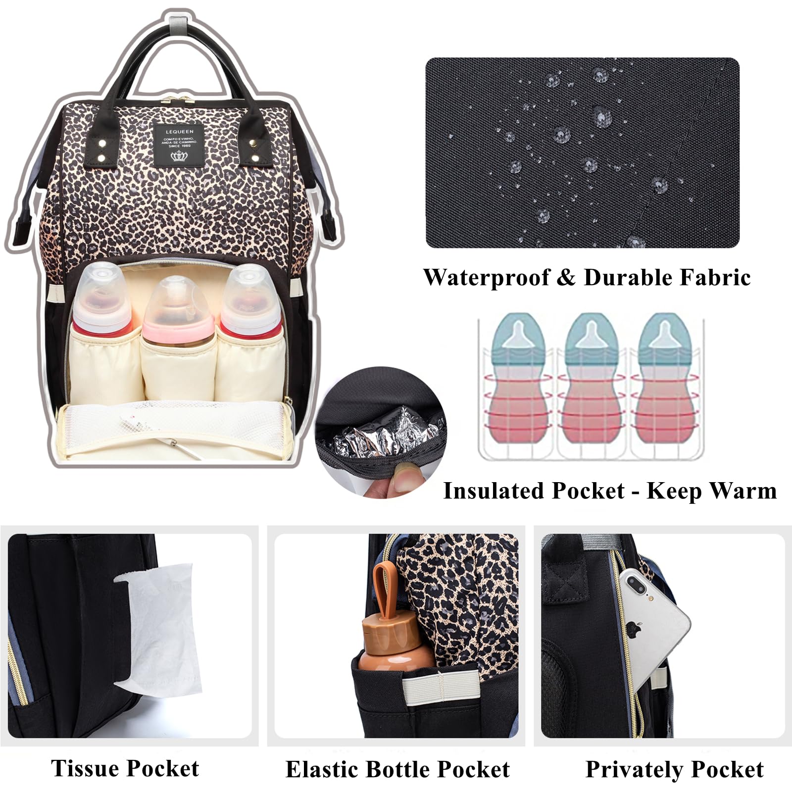 Armbq leopard print diaper bag multiple compartments improve on-the-go organization.